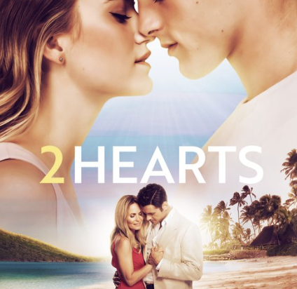A promotional poster featuring a romantic scene with two couples in a tropical beach setting, with the text '2 Hearts'.