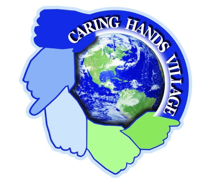 Logo featuring a globe centered on the Americas with hands forming a circle around it. The top of the circle reads 'Caring Hands Village'.