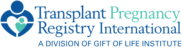 Logo of Transplant Pregnancy Registry International, a division of Gift of Life Institute, featuring a stylized heart with a baby inside.