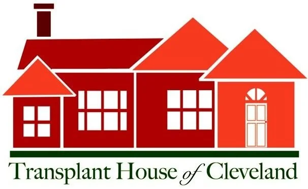 Stylized red house with multiple rooflines and a chimney, and the text 'Transplant House of Cleveland' beneath it.