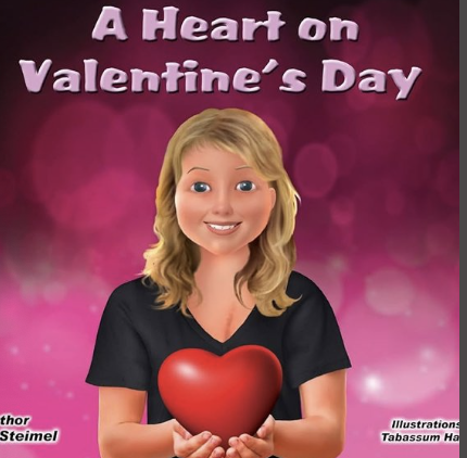 Book Cover with a young girl with blonde hair holding a large red heart on Valentine's Day, with the text 'A Heart on Valentine's Day' above her.