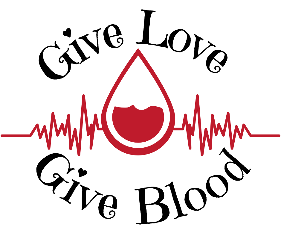 Design with words 'Give Love Give Blood', a red blood drop with a heart-shaped top, and a red heartbeat line.