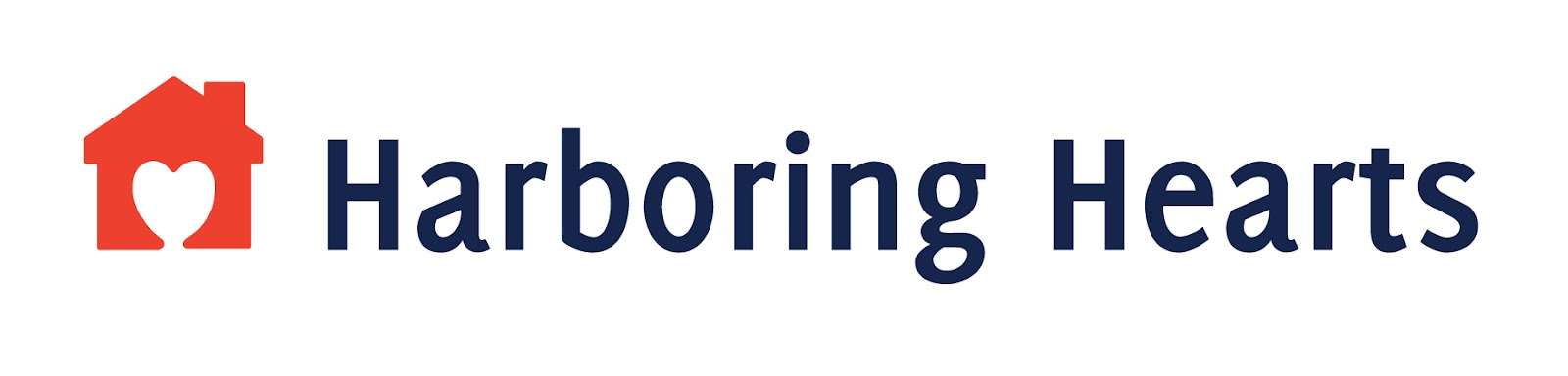 Logo with a red house icon featuring a heart shape in the center, followed by the text 'Haboring Hearts' in dark blue letters.