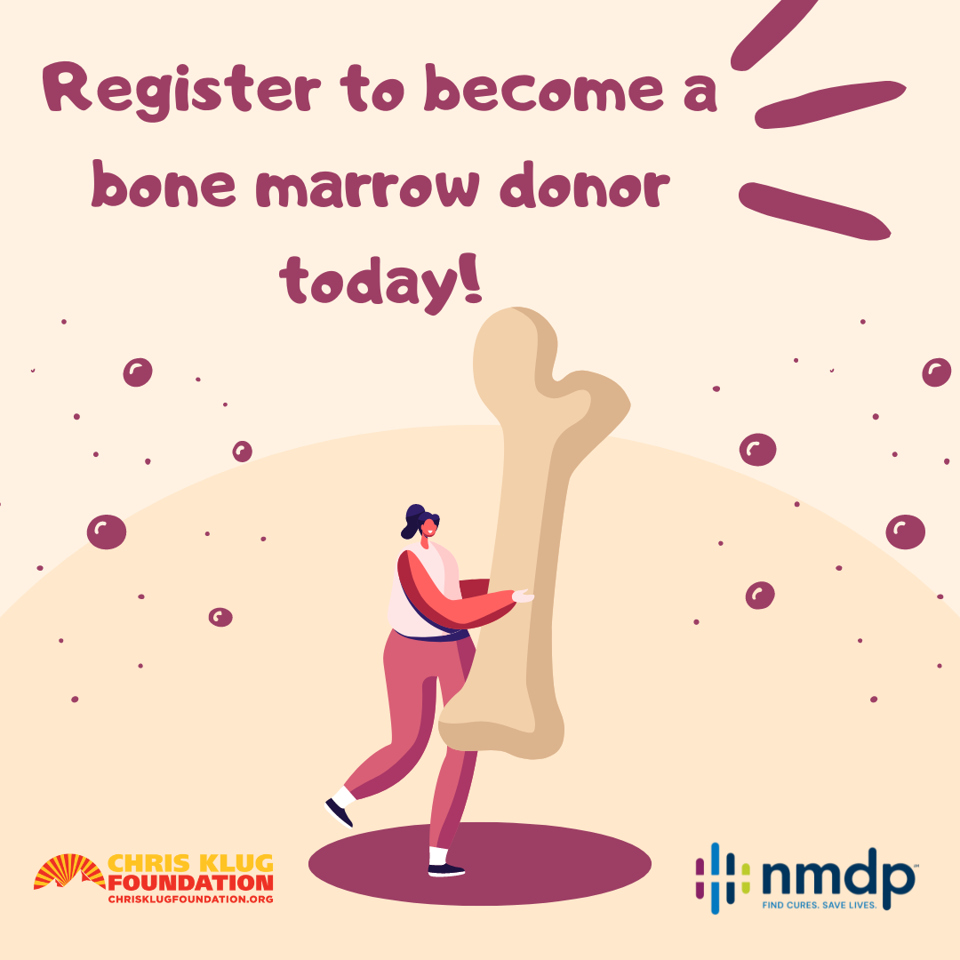A digital illustration promoting bone marrow donation, depicting a woman holding a large bone with a message to register as a donor, alongside logos for the Chris Klug Foundation and NMDP.
