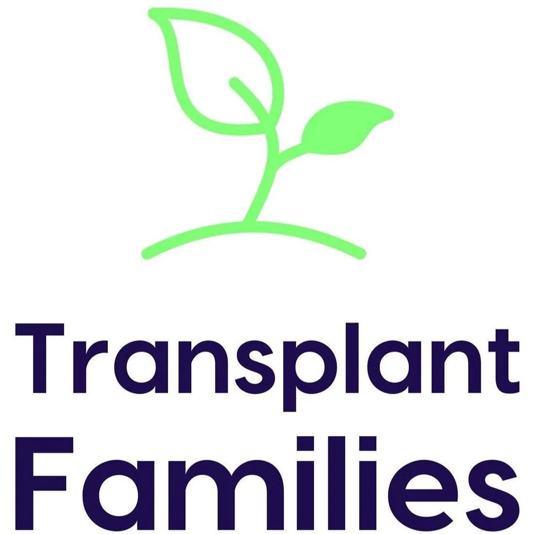 Logo with a green sprout and the words 'Transplant Families' in dark blue.
