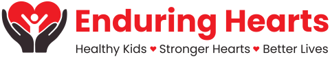 Logo for Enduring Hearts featuring a red heart with two hands inside, and the text 'Enduring Hearts' with the tagline 'Healthy Kids, Stronger Hearts, Better Lives'.