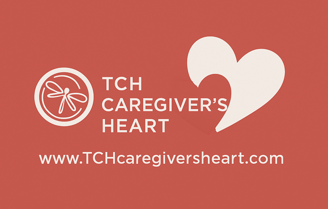 Logo with a dragonfly inside a circle, the text 'TCH Caregiver's Heart,' a large white heart shape, and the website www.TCHcaregiversheart.com on a coral background.