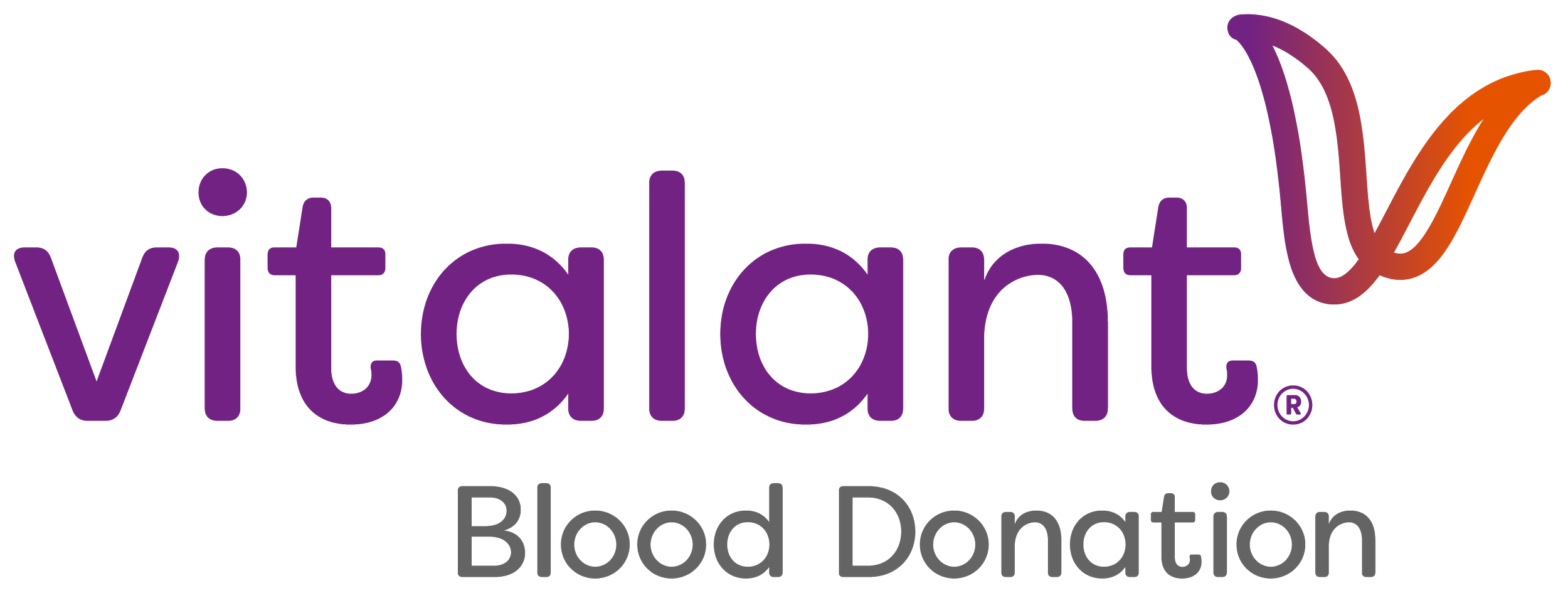 Logo of Vitalant Blood Donation organization featuring the word "vitalant" in purple, with a stylized red blood drop shape on the letter "v." The words "Blood Donation" are written below in grey.