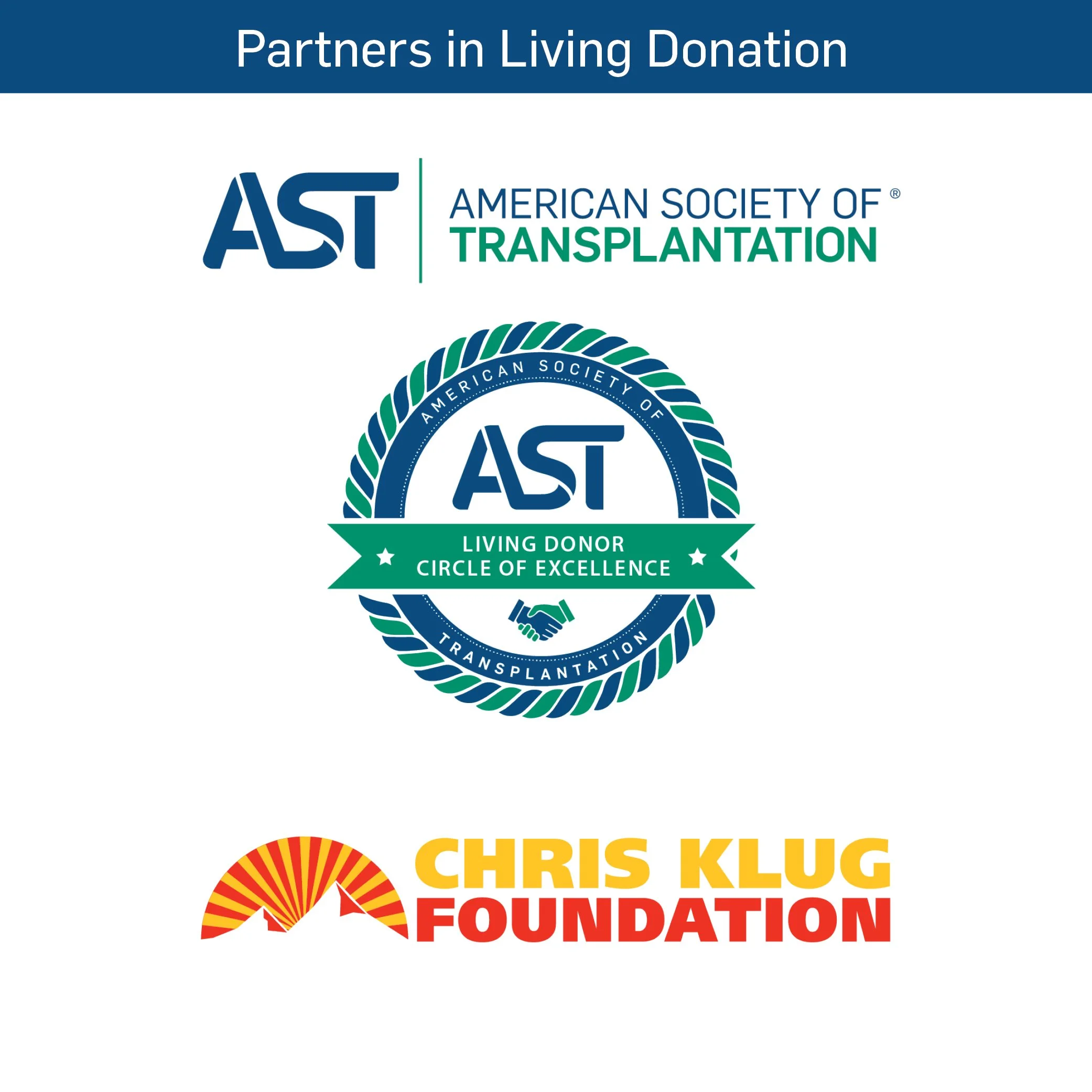 Logos and text representing partnerships in living donation with the American Society of Transplantation, the Chris Klug Foundation, and the Living Donor Circle of Excellence
