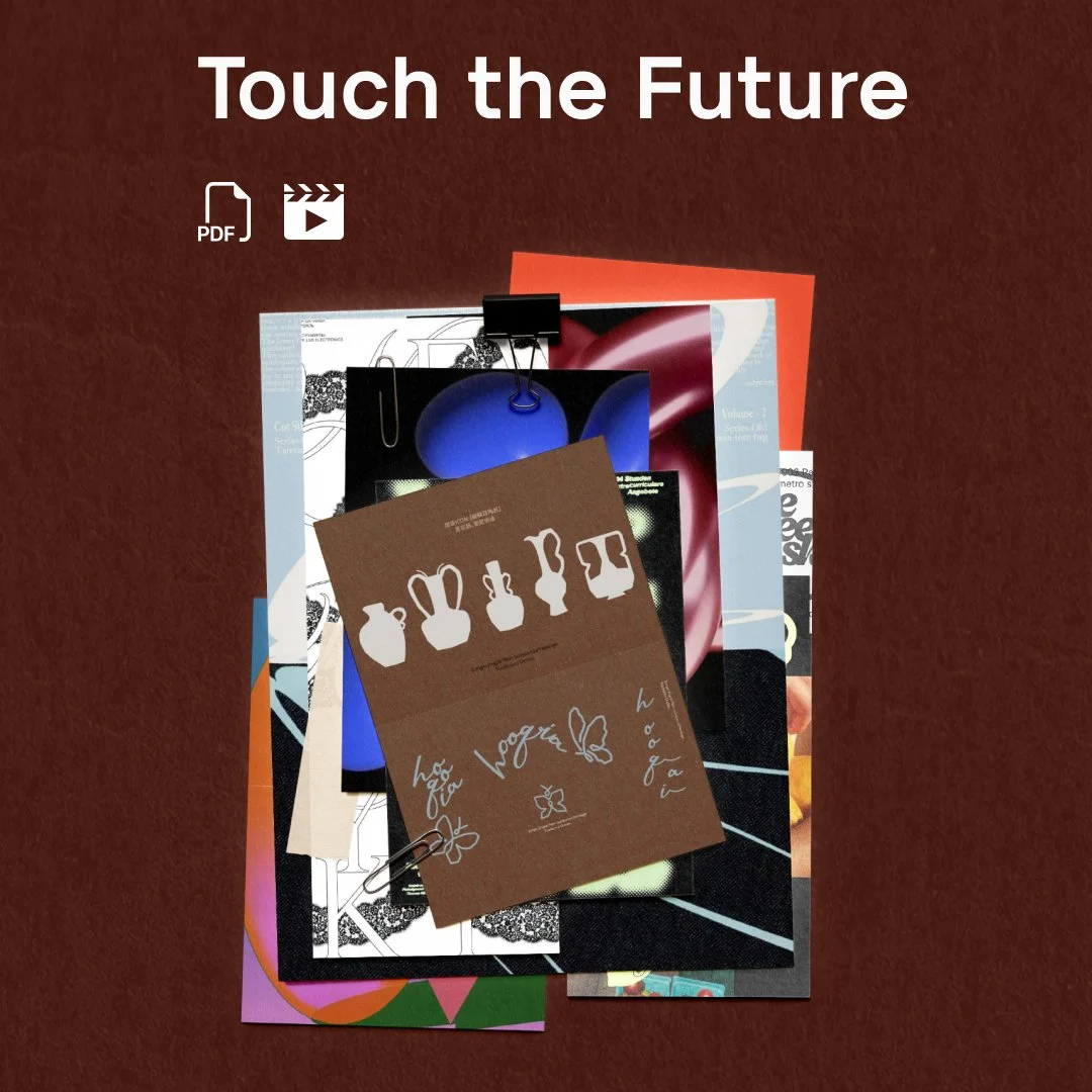 Arrangement of colorful papers, cards, and clips on a red background with the text 'Touch the Future' at the top.