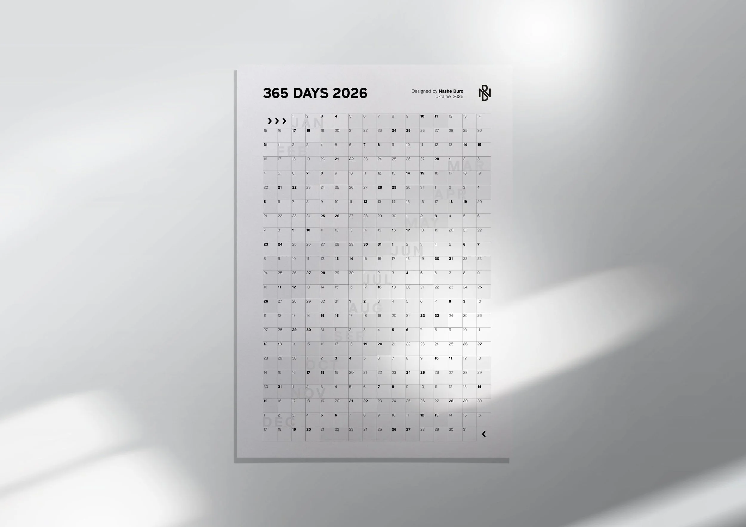 Calendar for the year 2026 with the title 365 Days 2026, designed by Nashe Buro in Ukraine, 2026.