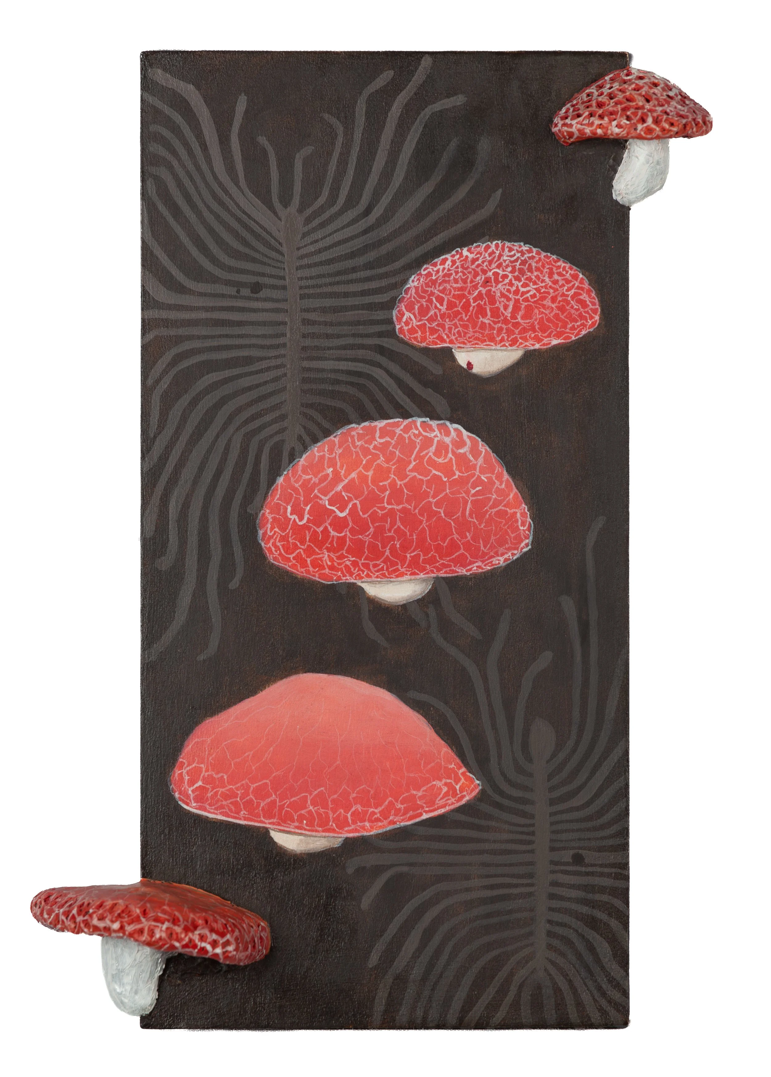 Peach coloured mushrooms with white netting at different stages of life. Painted and sculpted.