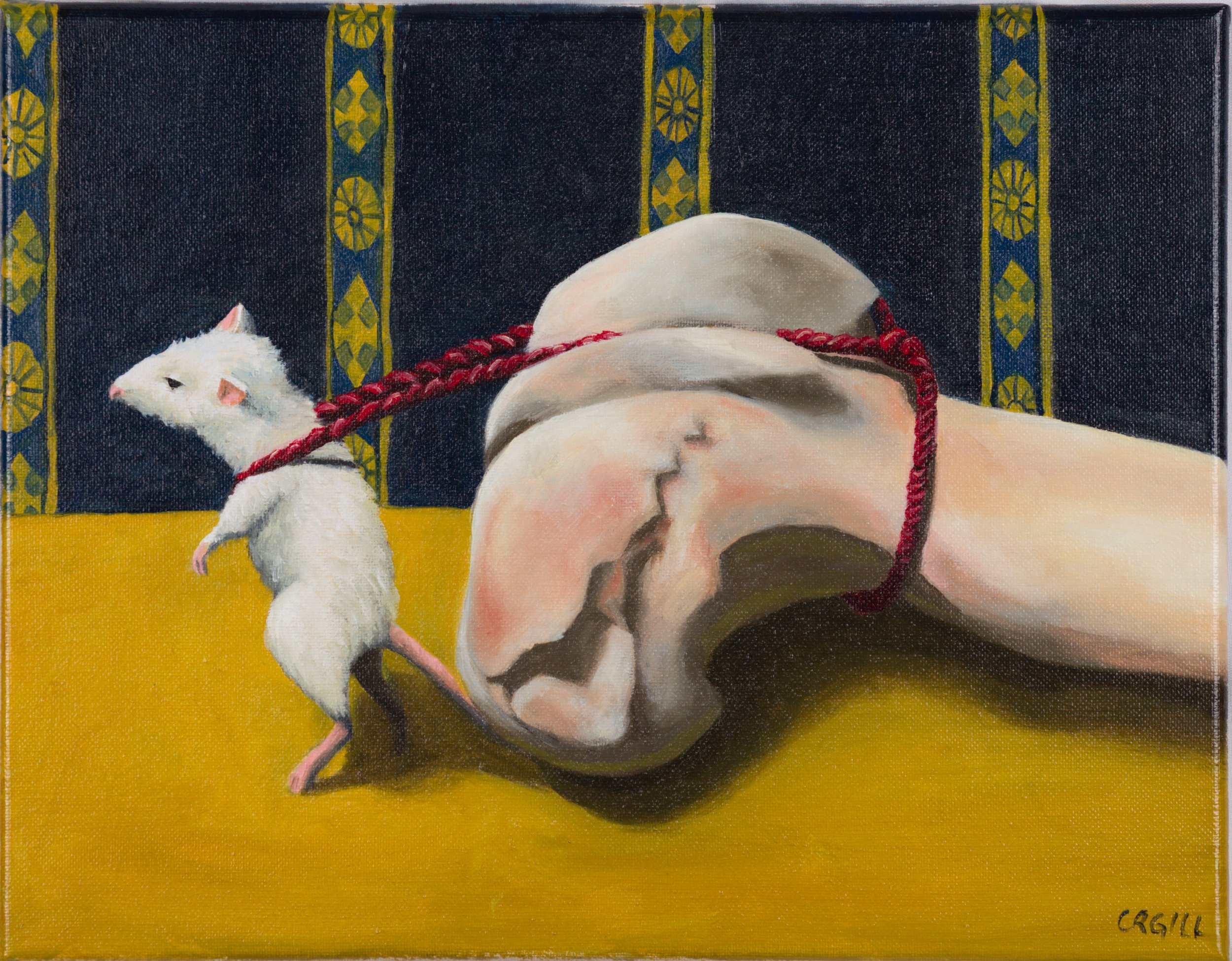 An upright white mouse pulls a moose tibia home by a red cord.