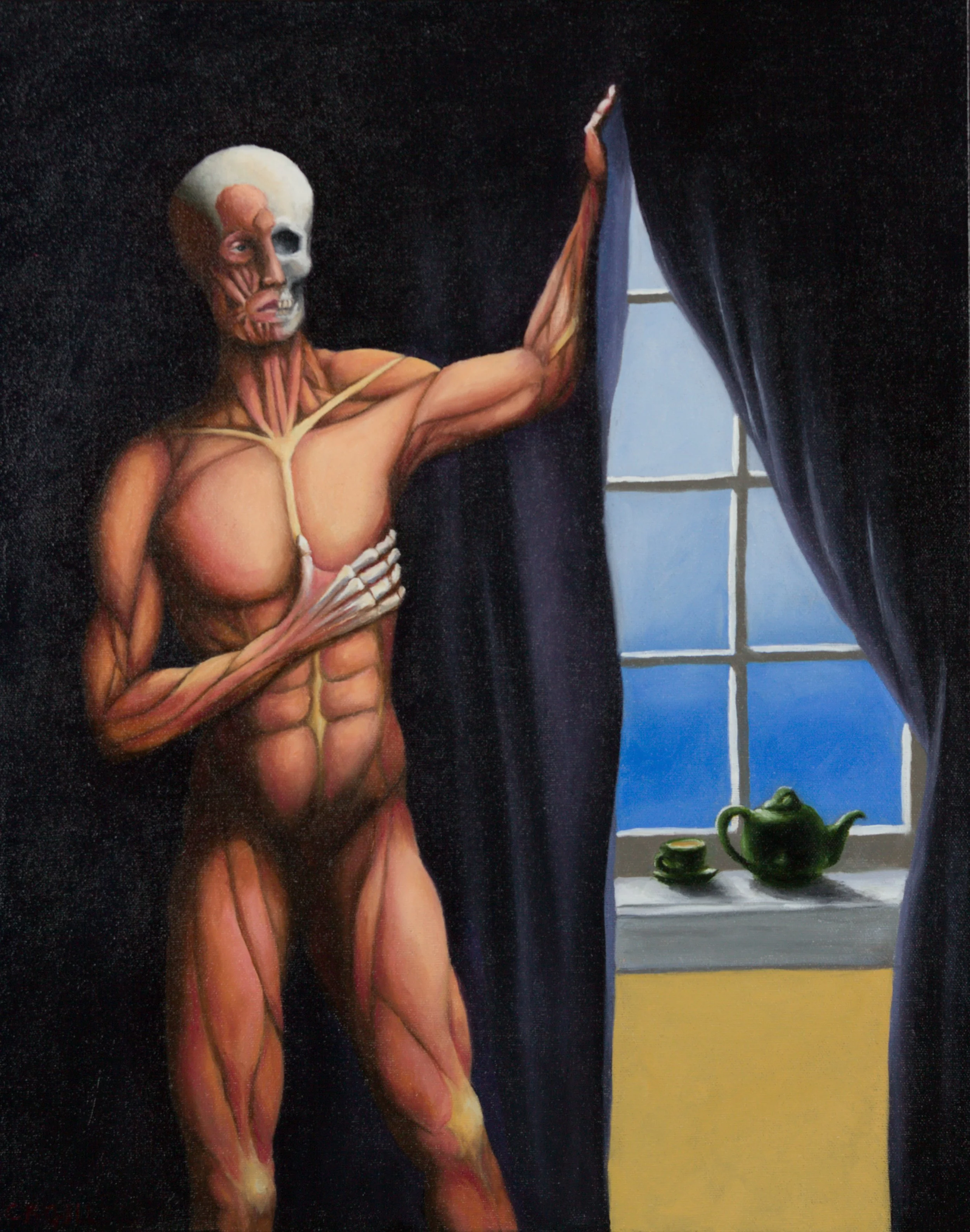 A flayed man holds open a black curtain to reveal green teacup and pot sitting one a windowsill looking out on a blue sky.