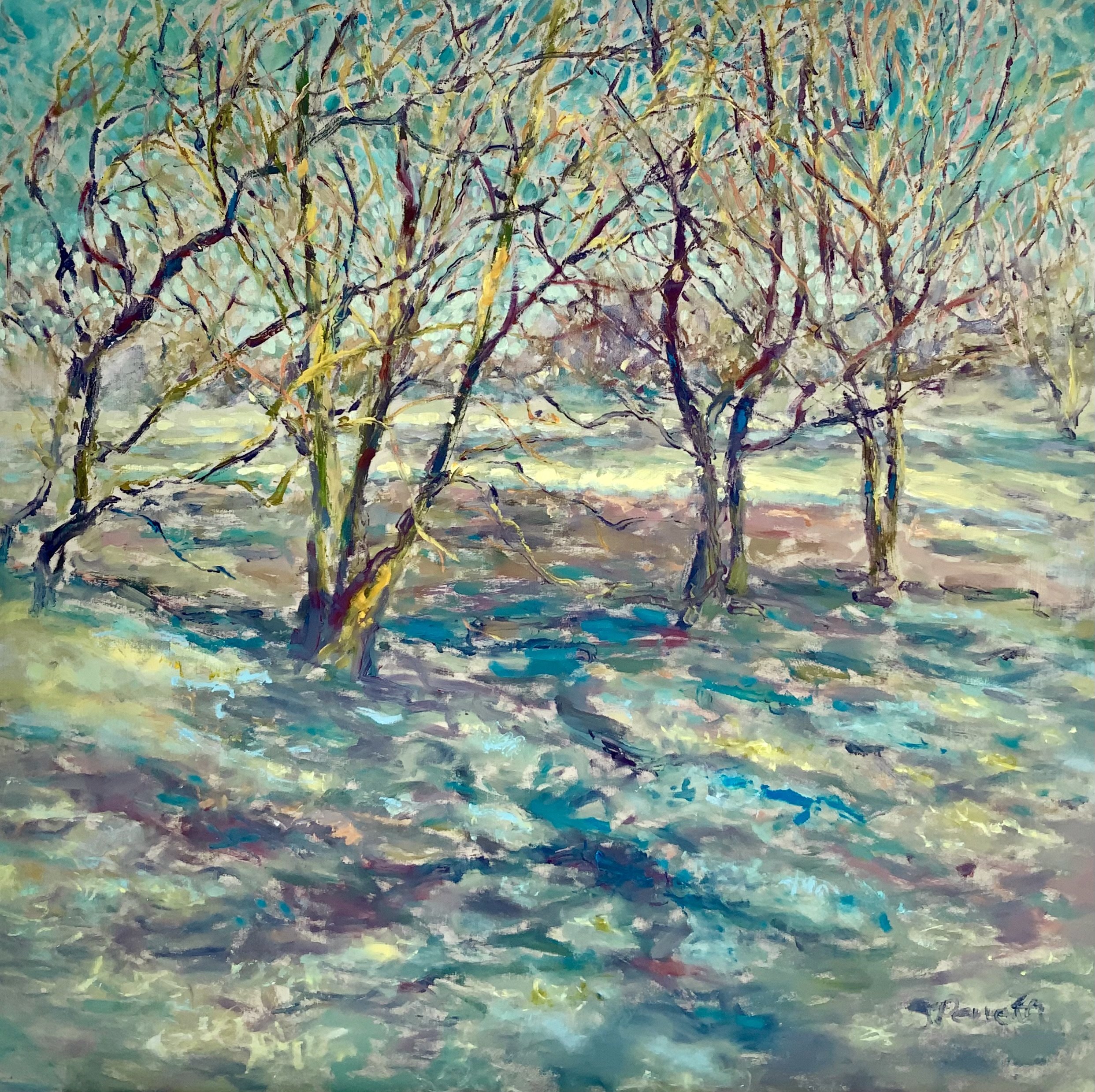 Gold and Turquoise.
Pretty colours on a fresh winters morning.
Framed Oil on board 65 x65 cms £325