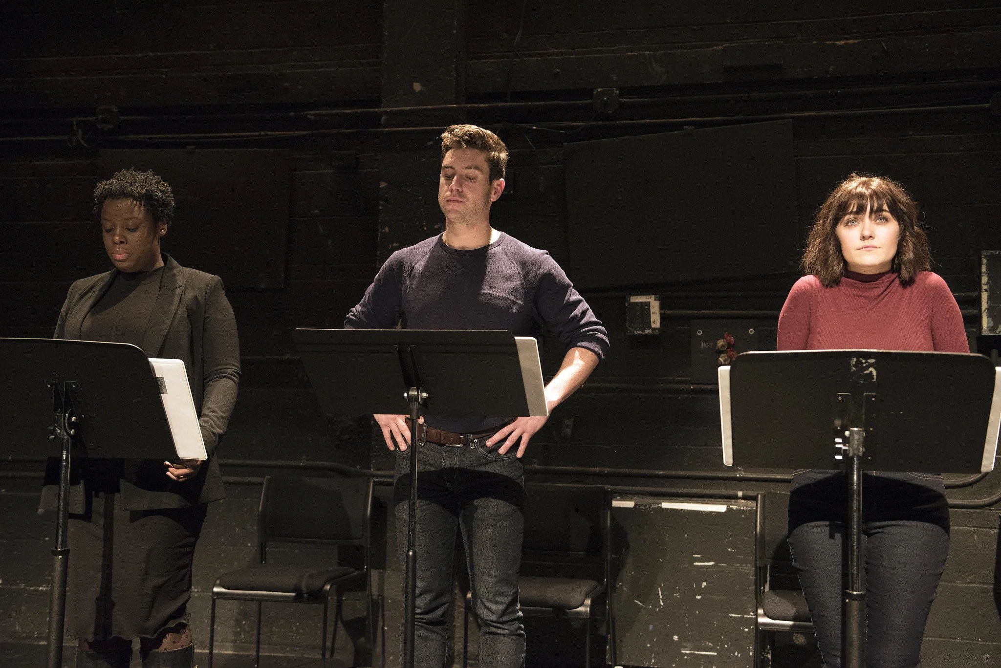 Dorcas Sowunmi, Robbie Simpson and Sara Masterson reading "The Effect" by Lucy Prebble. April 6, 2018