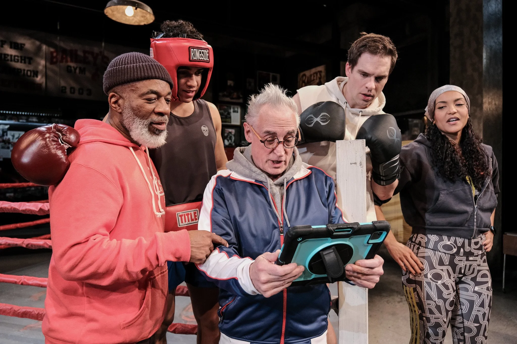 Jeorge Bennett Watson, David Harrison Pralgo, Sean Patrick Reilly, Stephen Michael Spencer, and Rebecca S'manga Frank in the world premiere production of "Relentless" by Rae Binstock at Syracuse Stage. Feb. 4 - 22, 2026. Photo by Mike Davis.