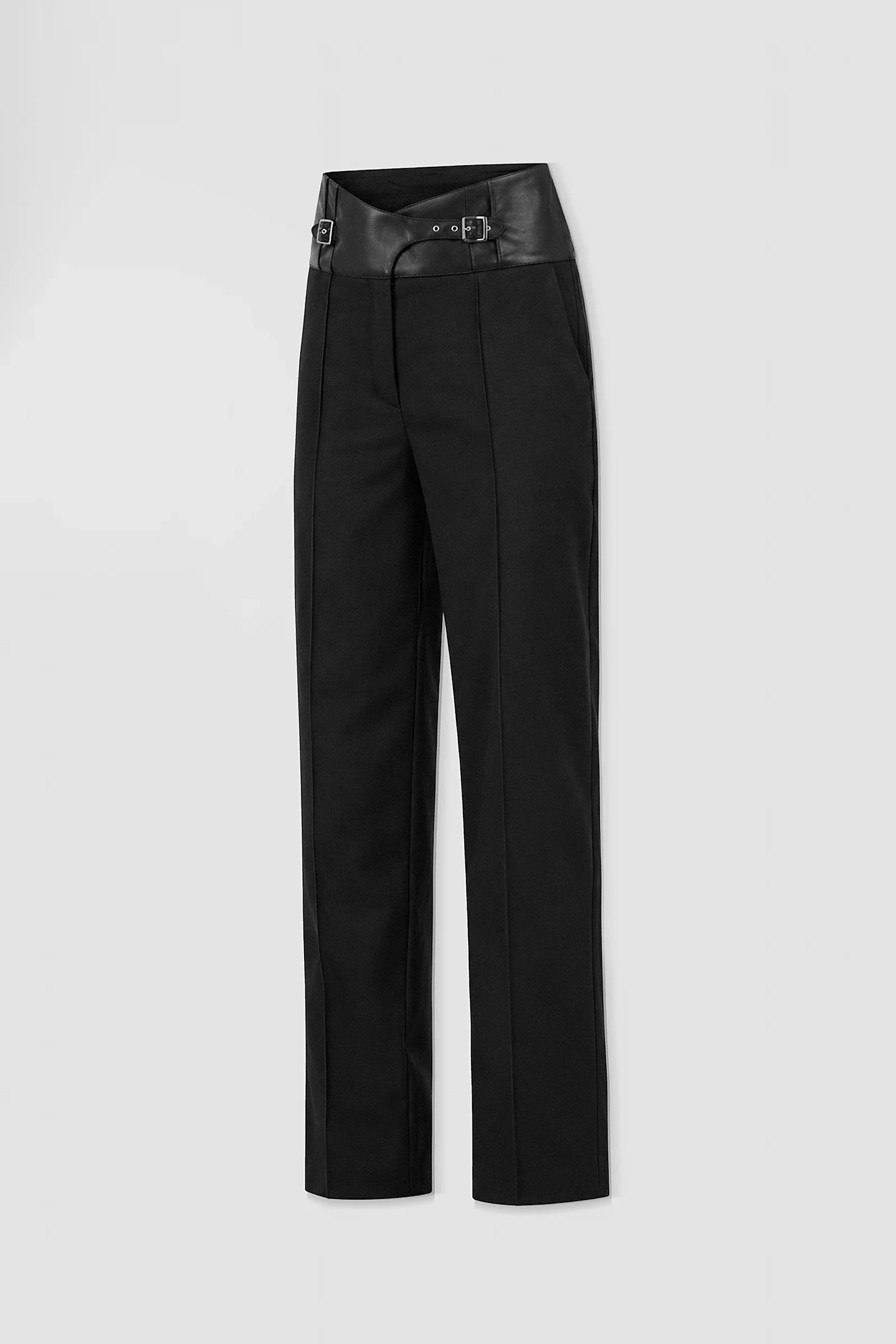 Back: Back view of black straight-leg wool-blend trousers with a contrasting Italian nappa leather waistband and tailored rear darts.