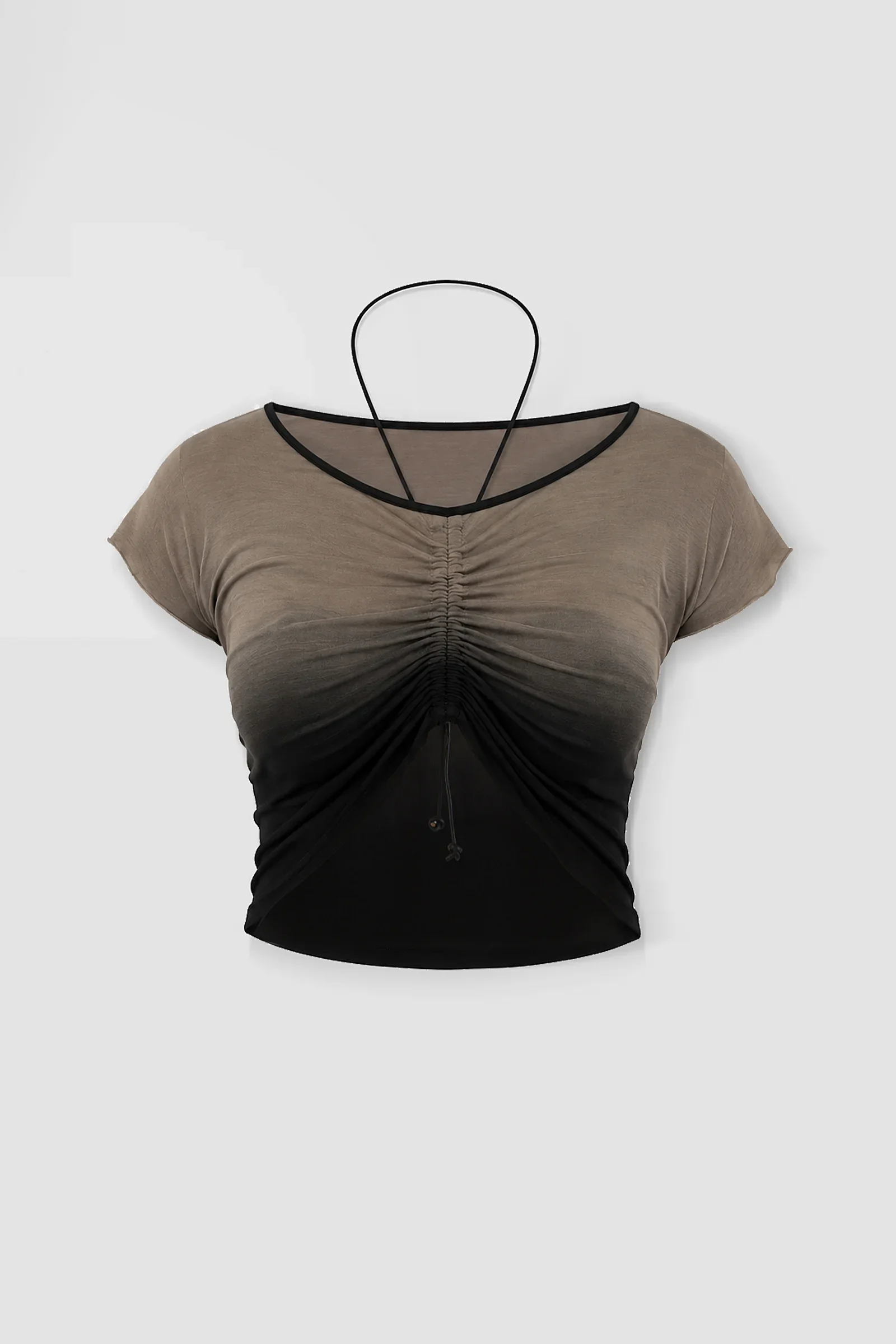 Front: Front view of the ‘Medusa’ ruched jersey top with a rounded neckline, adjustable gathering and leather drawstring.