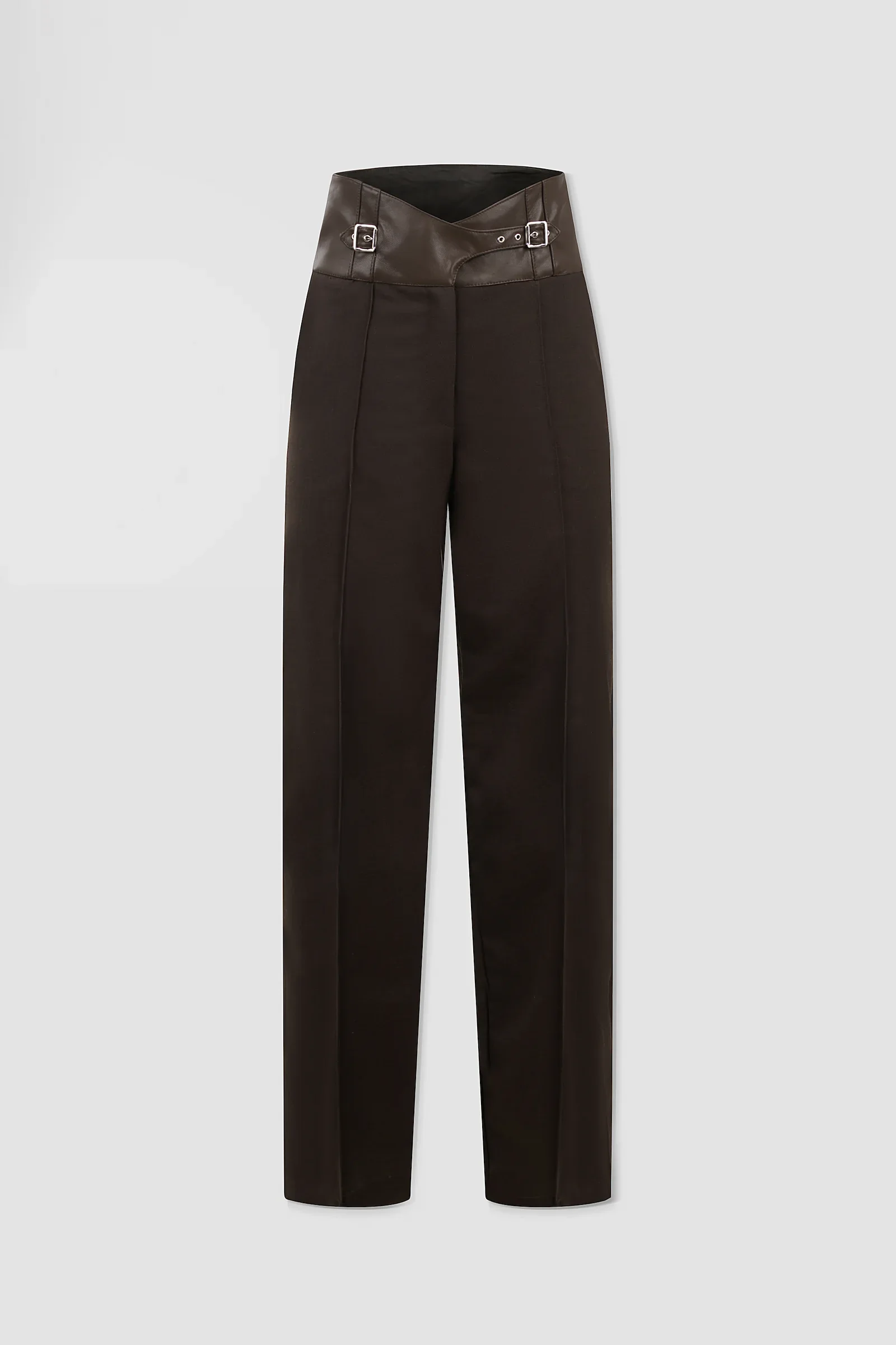 Chocolate brown high-waisted wool-blend trousers by ARAKHNE with Italian nappa leather crossover waistband and double silver-tone buckles.