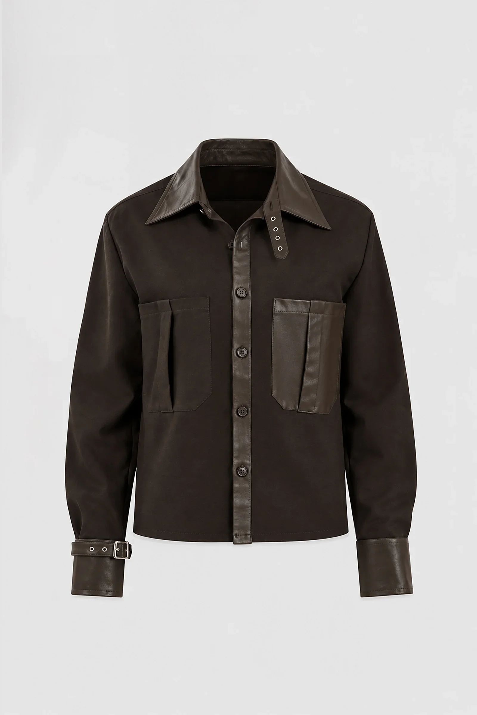 Front: Dark brown wool-blend overshirt by ARAKHNE with Italian nappa leather collar, button placket, contrasting chest pockets and leather cuffs.