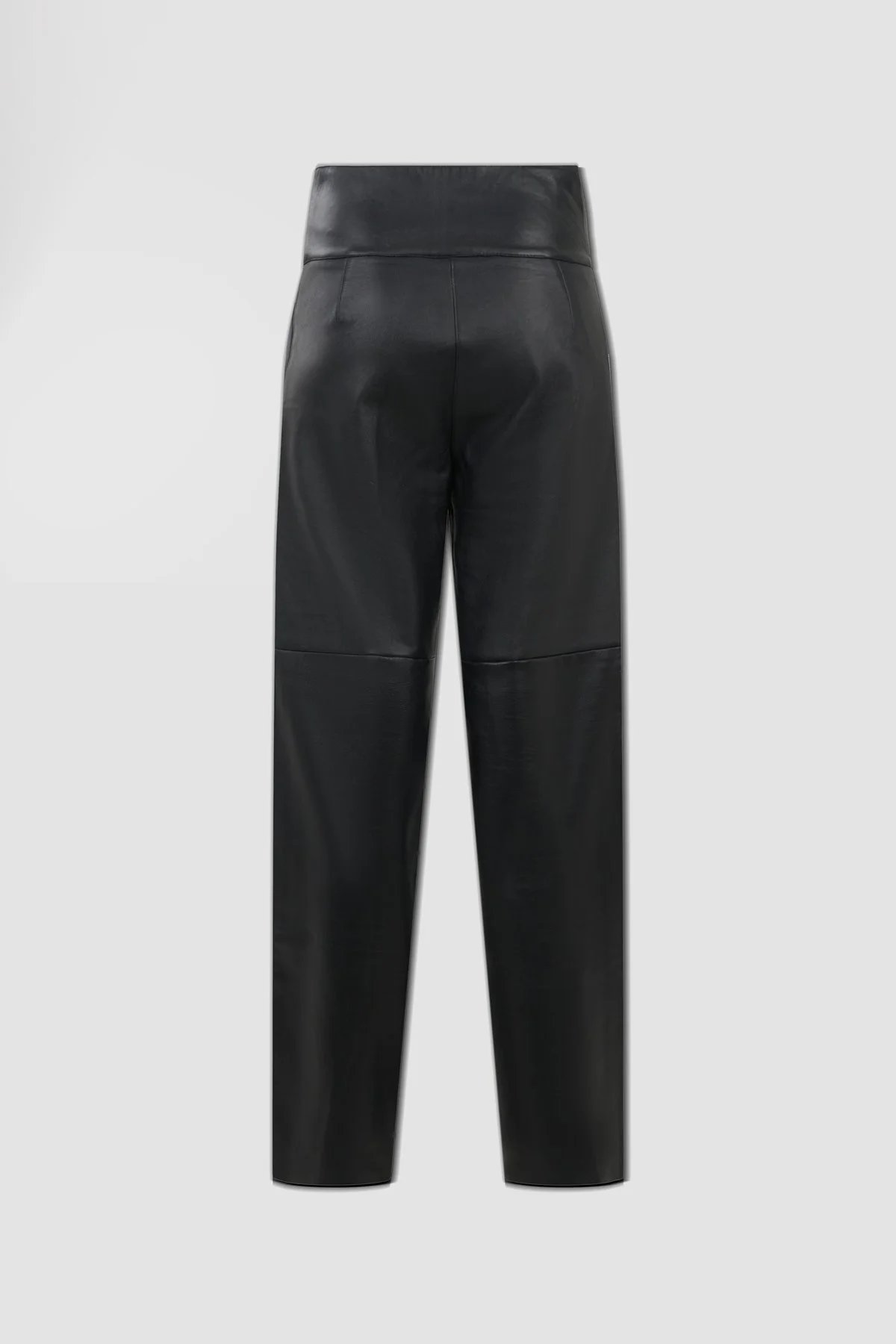 Back view of ARAKHNE black nappa leather trousers with structured waistband and panelled legs