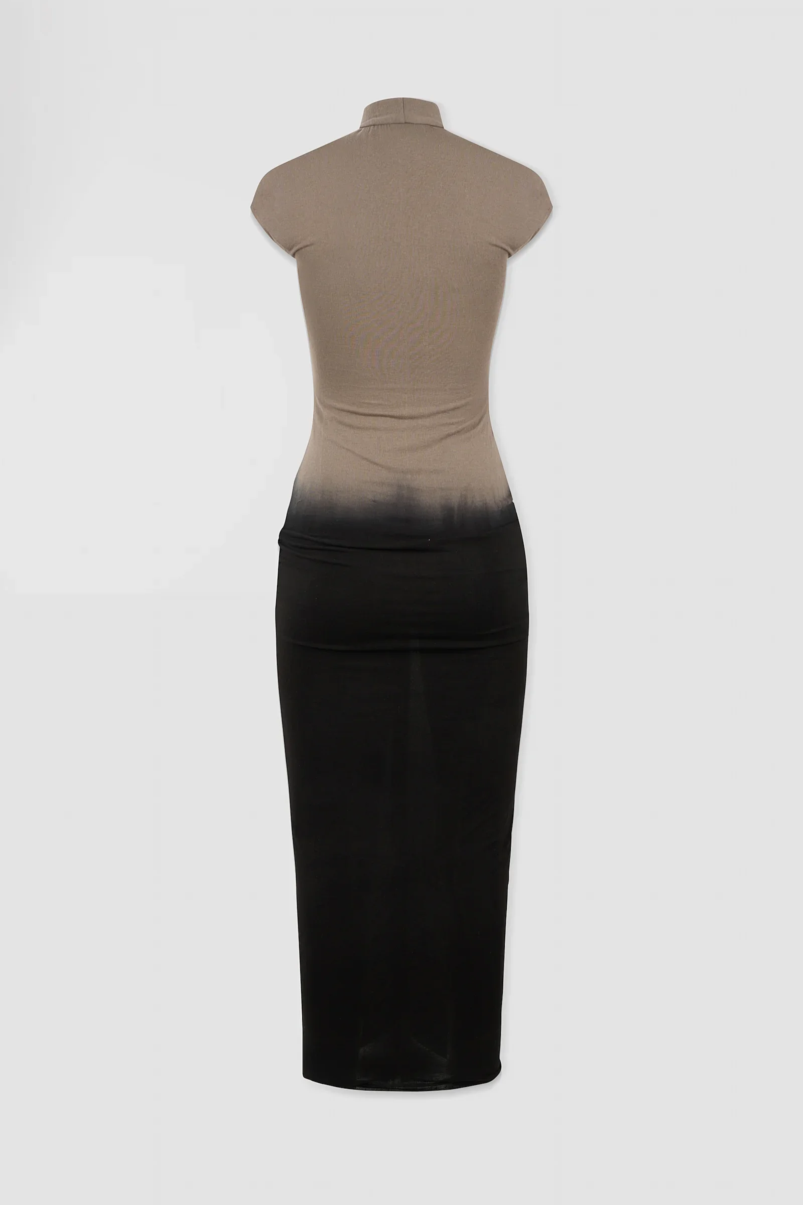 Back: Back view of the ‘Medusa’ ombré jersey maxi dress featuring a high neckline and olive-to-black colour transition.