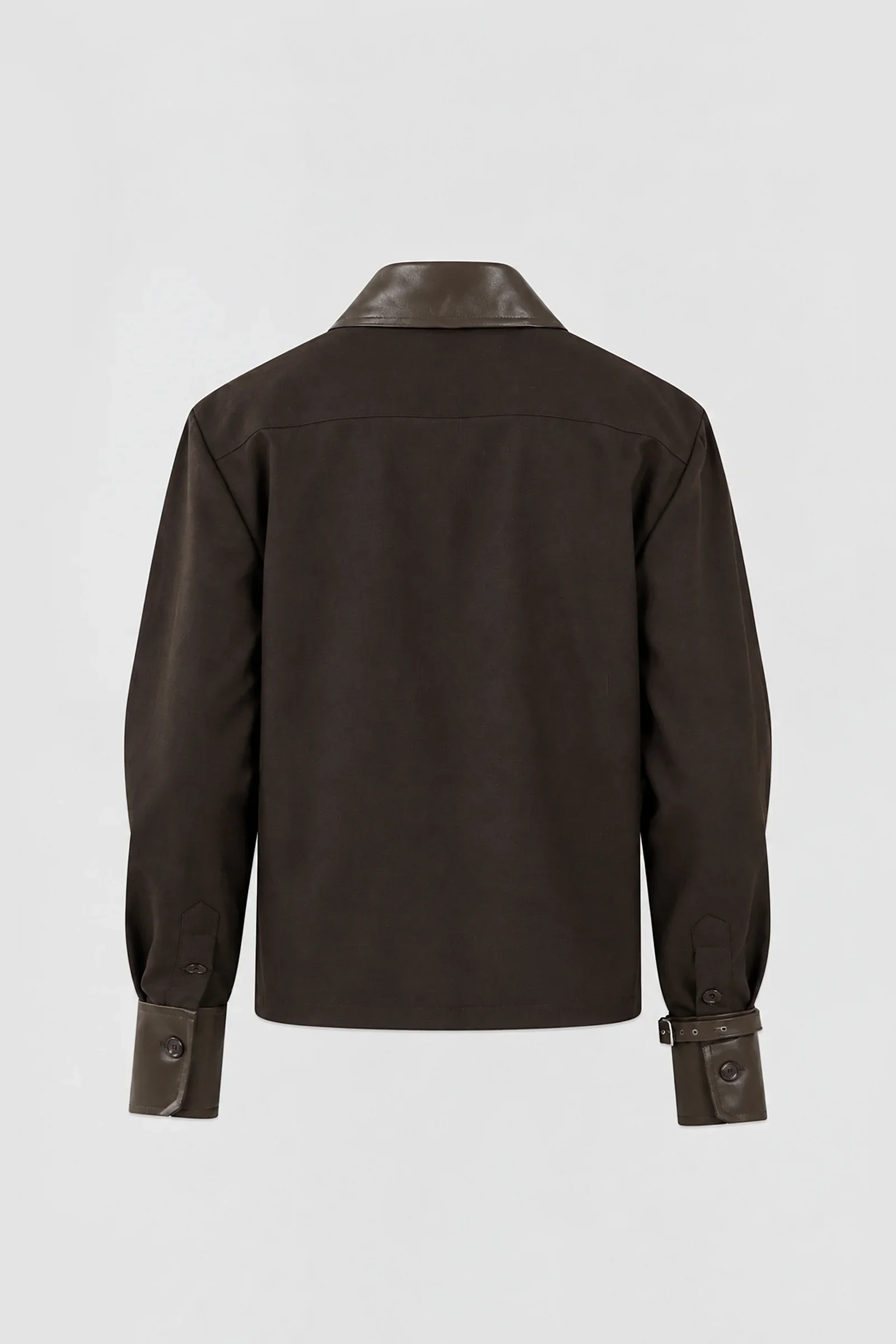 Back: Back view of ARAKHNE's dark brown wool-blend overshirt featuring a contrasting Italian nappa leather collar, straight silhouette and leather cuffs.