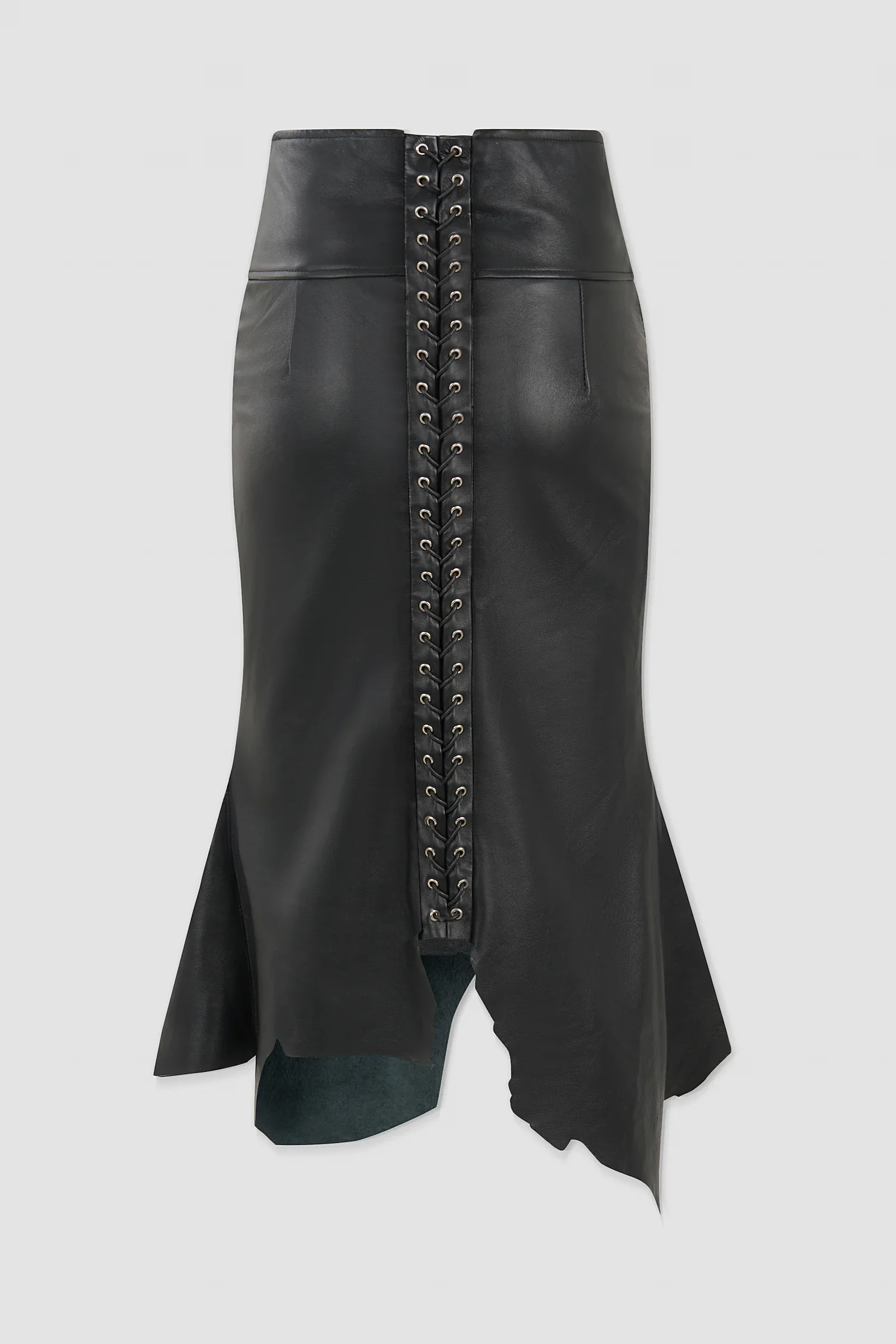 Three-quarter: Angled view of the ‘Euryale’ leather midi skirt showing the sculpted fit, flared side godets and irregular leather hem.