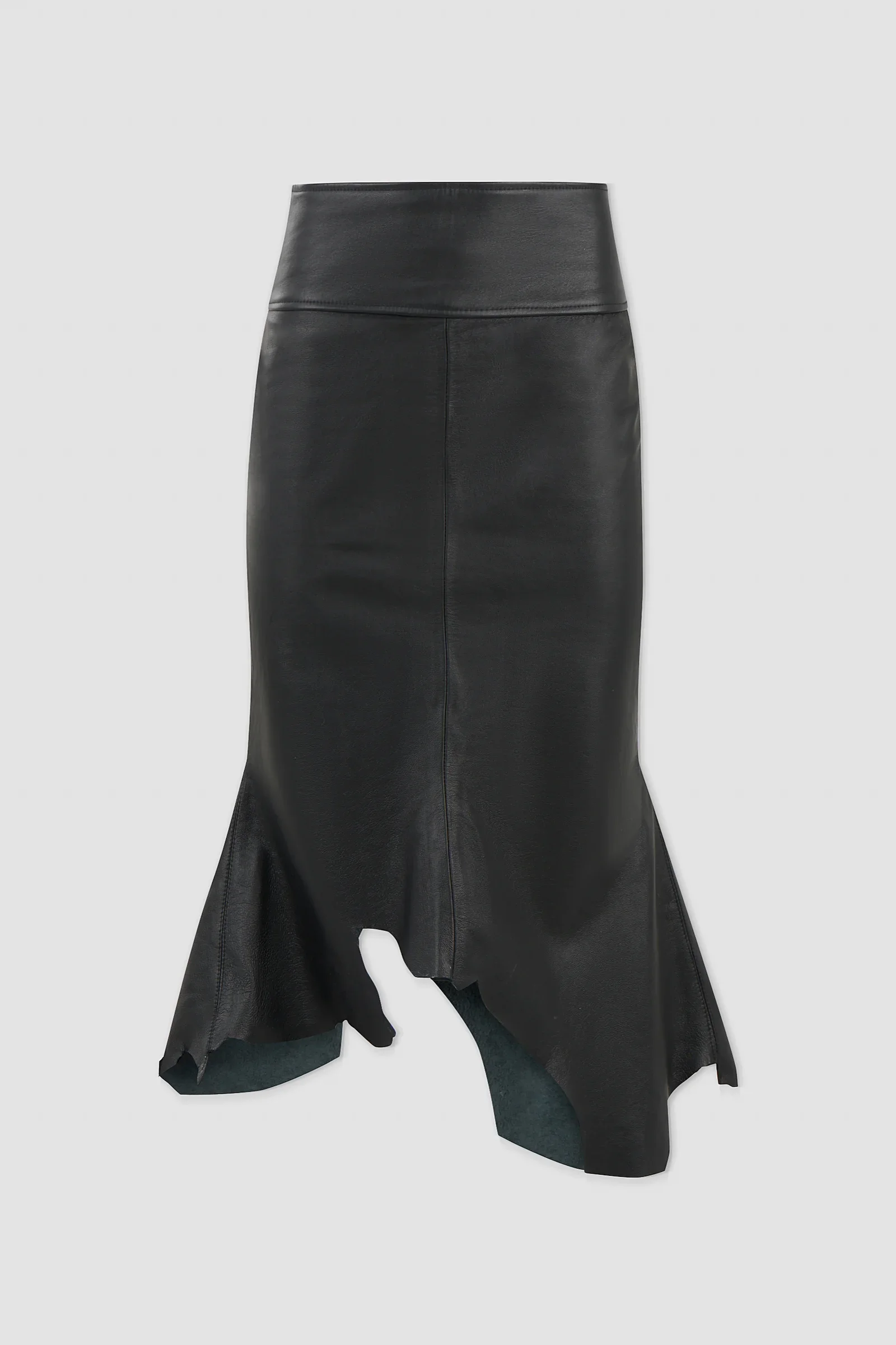Front: Front view of ARAKHNE's ‘Euryale’ black Italian nappa leather midi skirt featuring a wide waistband, fitted silhouette and asymmetric raw-cut hem.