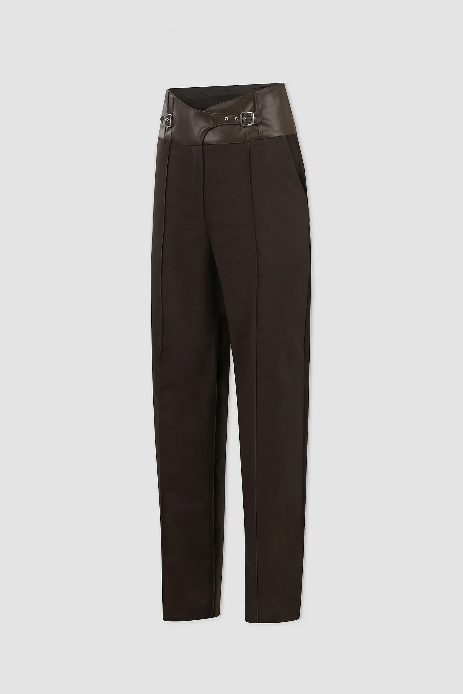 Back: Back view of chocolate brown straight-leg wool-blend trousers with a contrasting Italian nappa leather waistband and tailored rear darts.