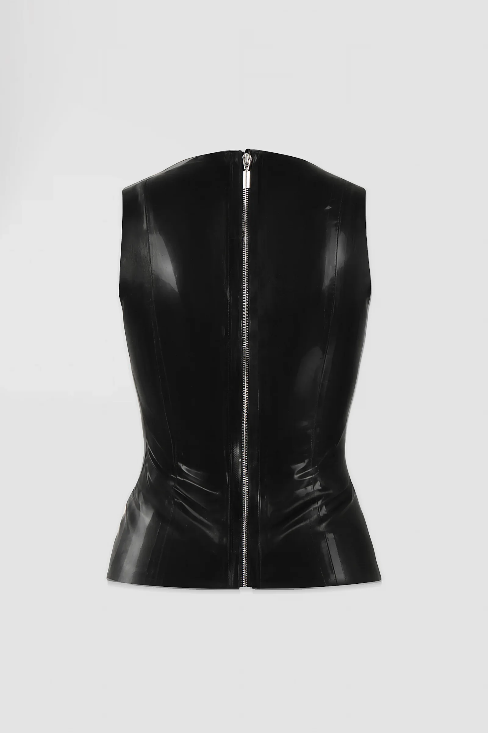 Back: Back view of ARAKHNE's latex tank top featuring an exposed metal zip running down the centre back.