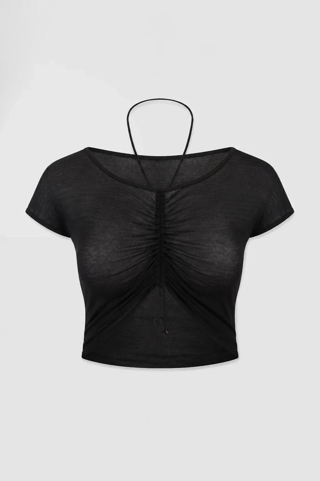 Front: Front view of the ‘Medusa’ ruched jersey top with a rounded neckline, adjustable gathering and leather drawstring.
