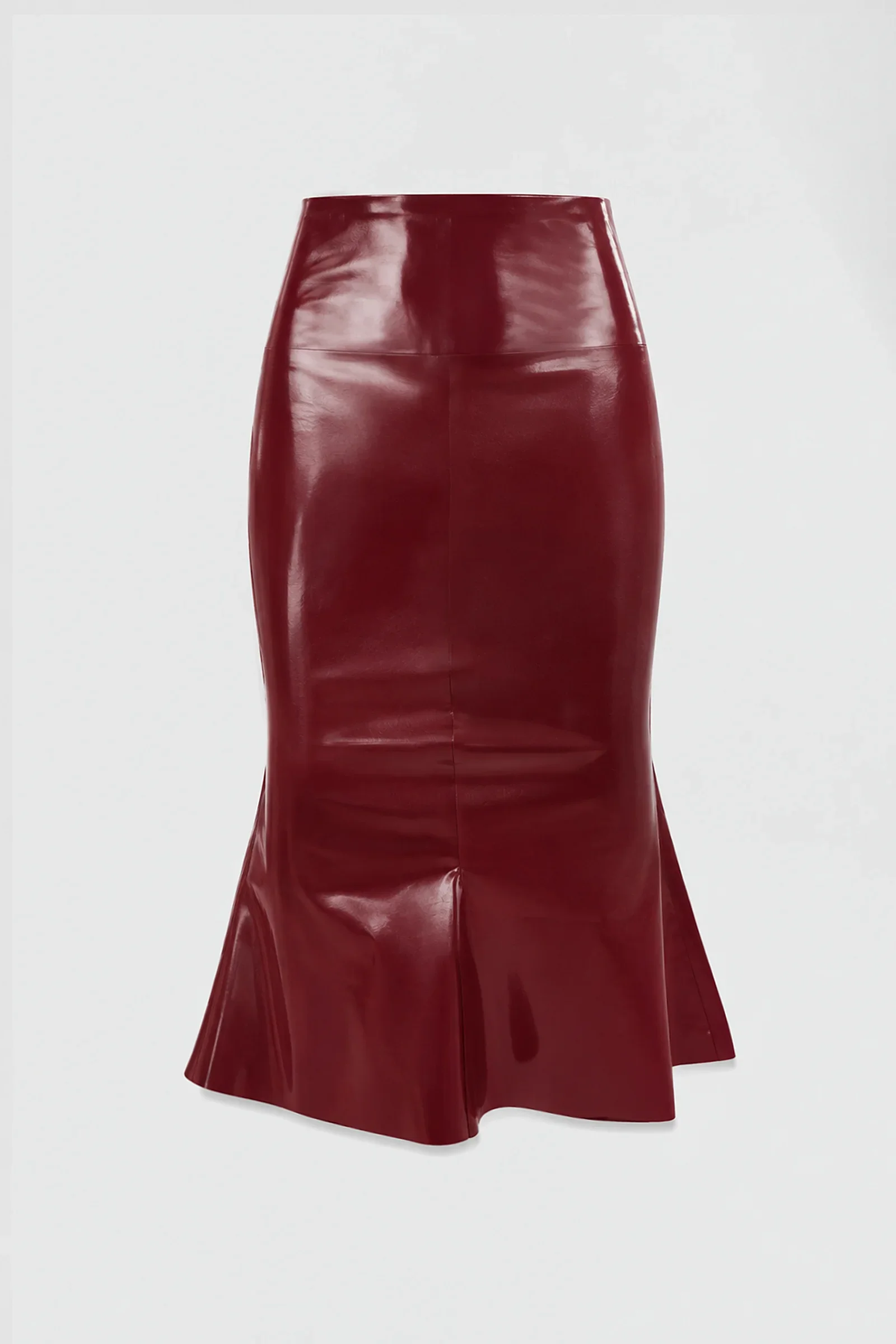 Front: Front view of ARAKHNE's latex fishtail midi skirt featuring a glossy finish, fitted silhouette and flared hem.