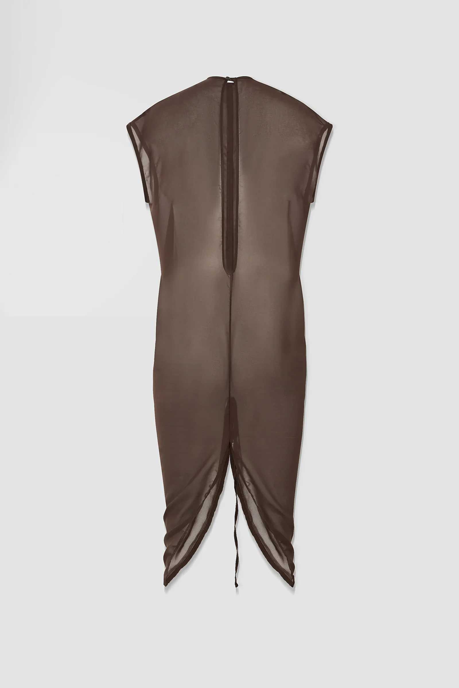 Back: Back view of the ARAKHNE ‘Medusa’ brown chiffon dress featuring an elongated upper-back opening, central ruching and gathered split hem with drawstring ties.