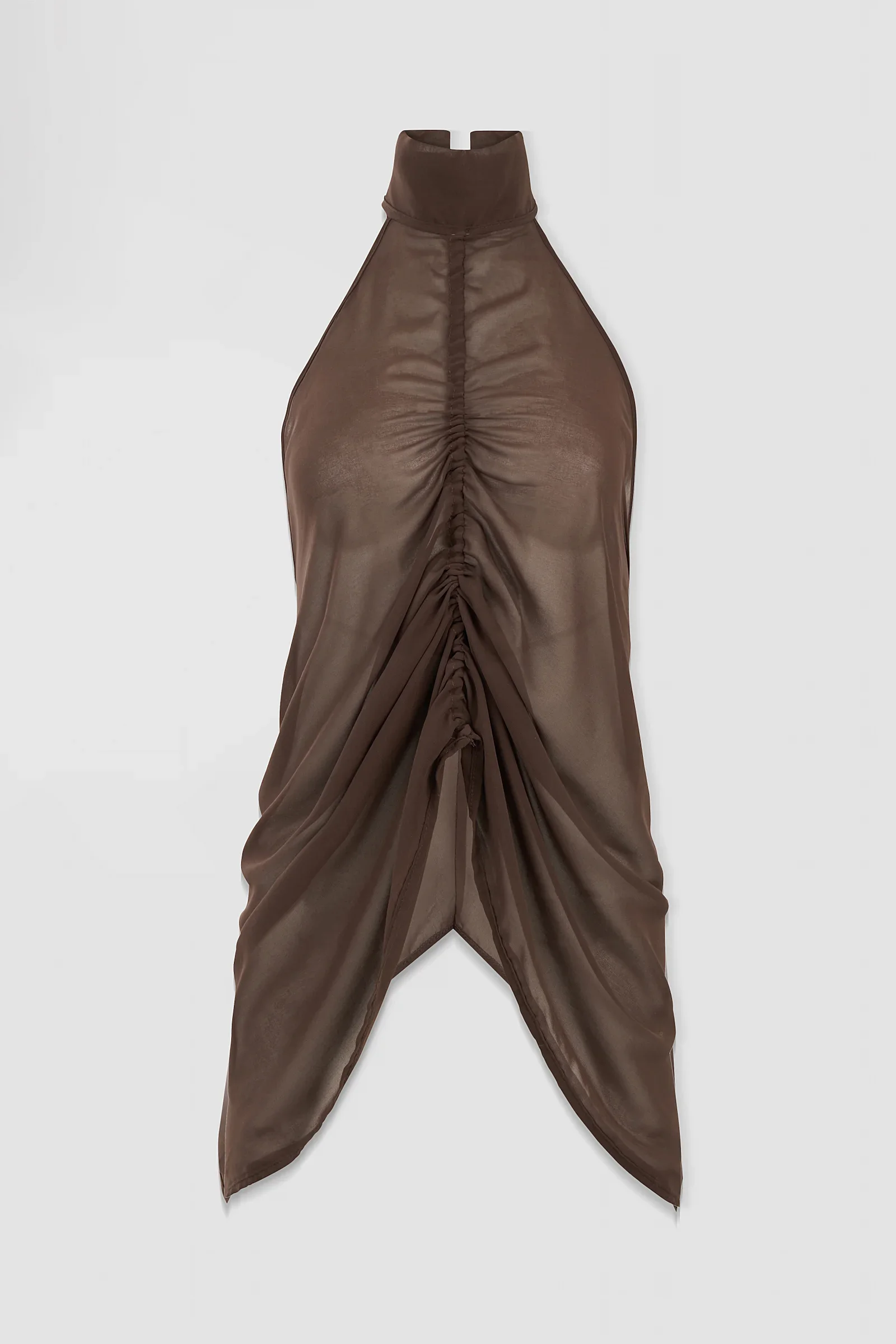 Front: Front view of the ARAKHNE ‘Medusa’ sheer brown chiffon halter top featuring a high neckline, ruched centre front and asymmetric pointed hem.