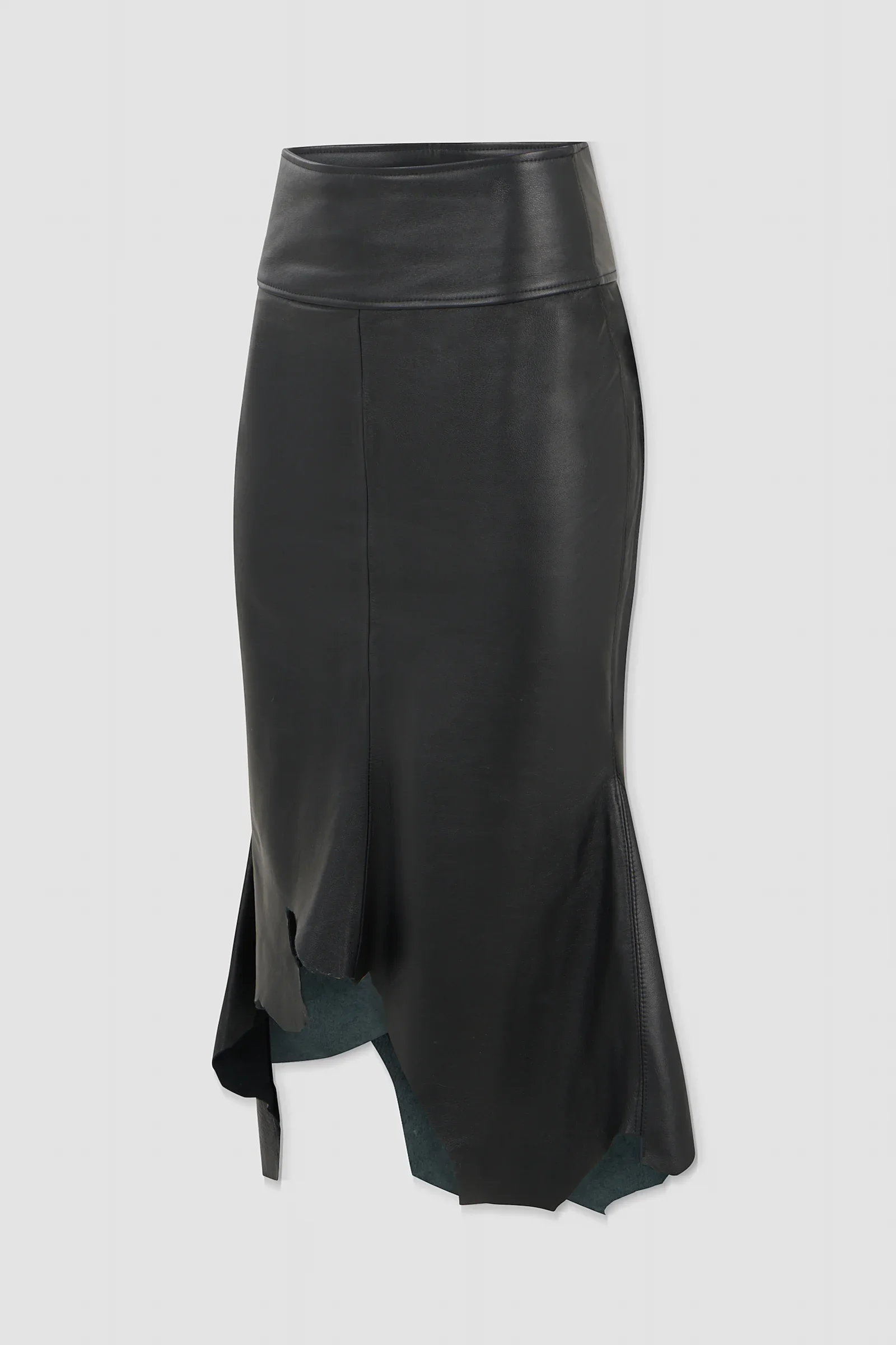 Back: Back view of ARAKHNE's ‘Euryale’ black leather midi skirt featuring full-length corset-style lacing, metal eyelets and an asymmetric flared hem.