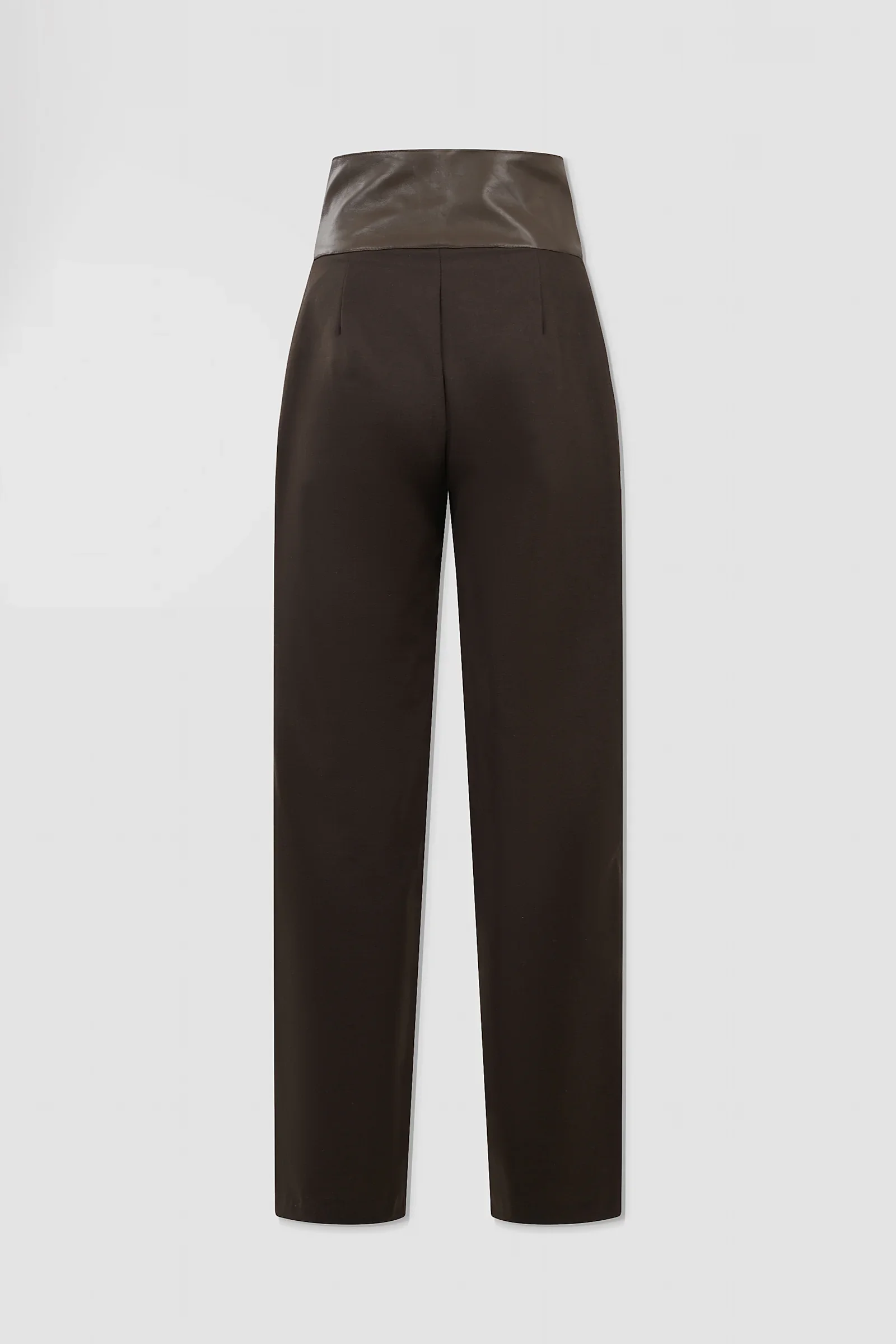 Back view of chocolate brown straight-leg wool-blend trousers with a contrasting Italian nappa leather waistband and tailored rear darts.