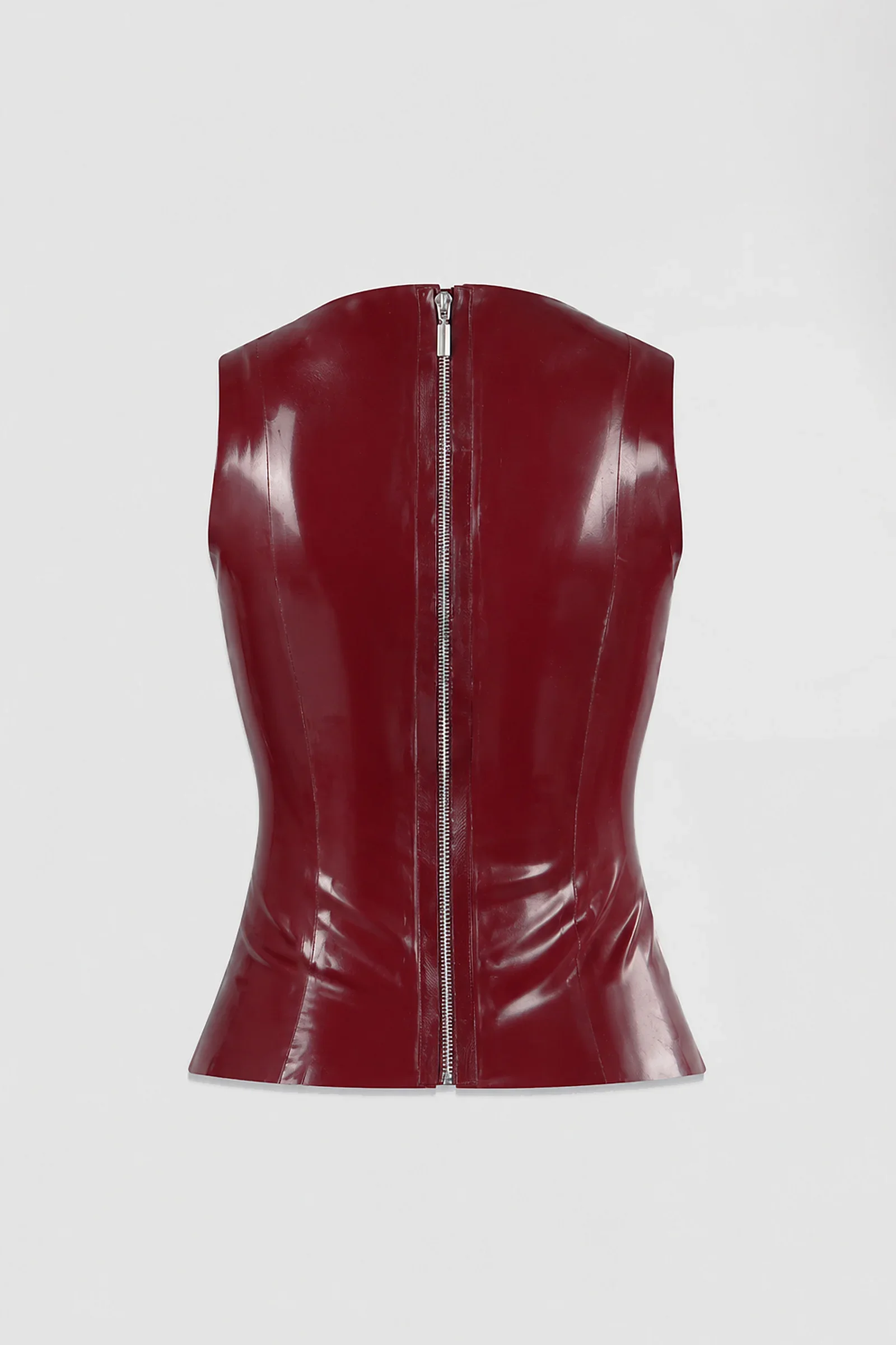 Back: Back view of ARAKHNE's latex tank top featuring an exposed metal zip running down the centre back.