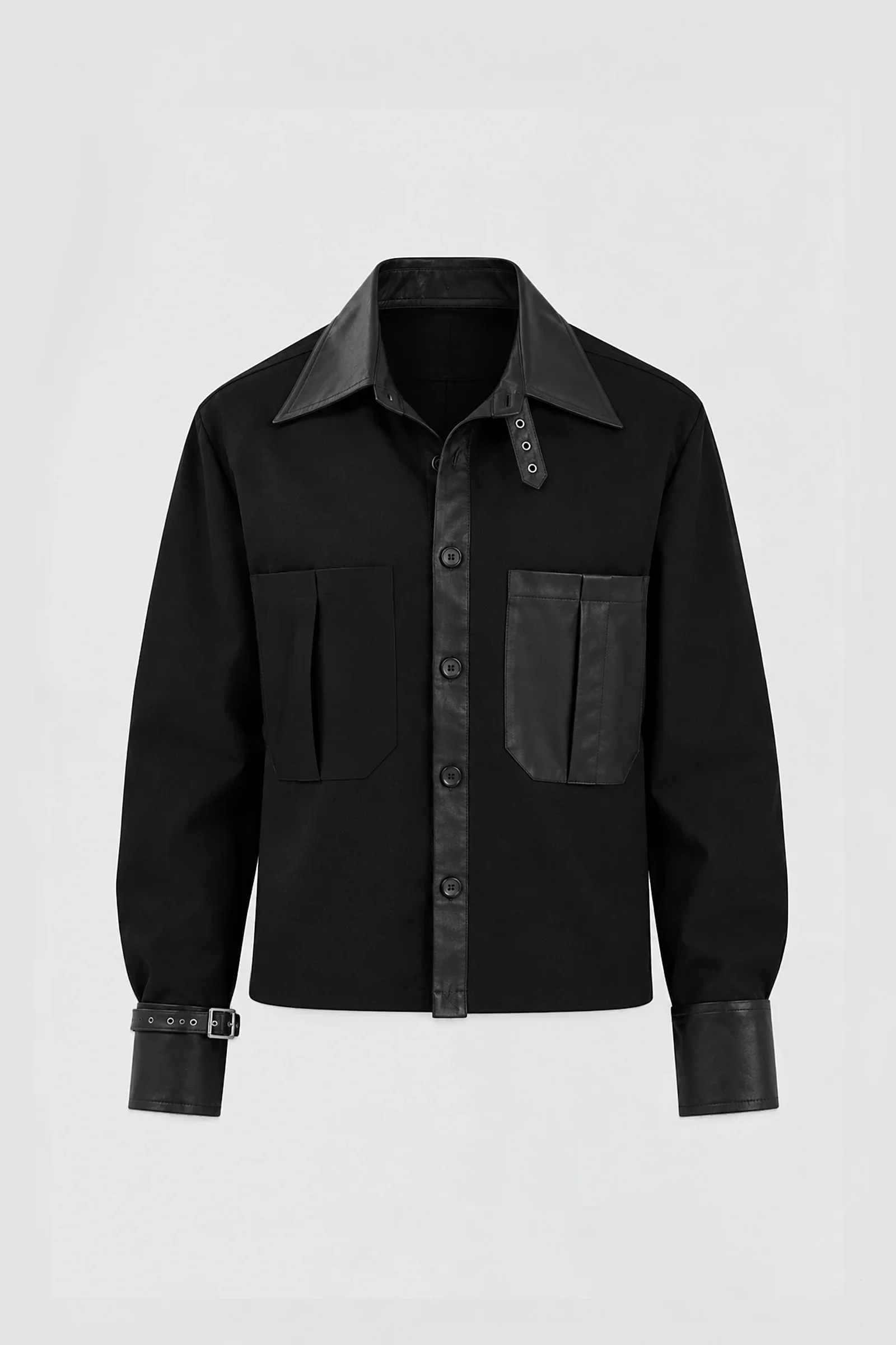 'Stheno' Black Wool & Leather Overshirt