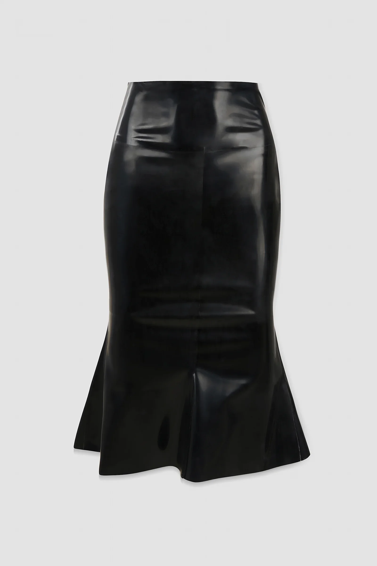 Front: Front view of ARAKHNE's latex fishtail midi skirt featuring a glossy finish, fitted silhouette and flared hem.