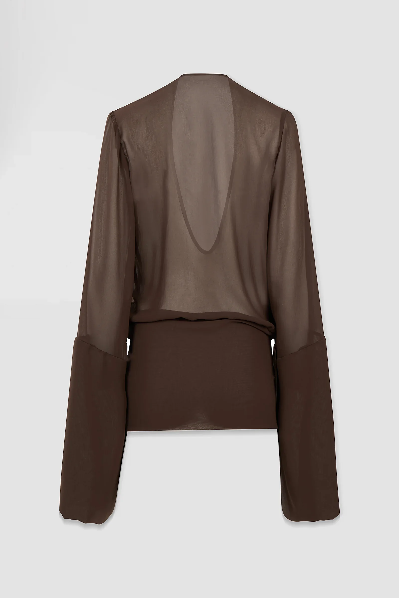 Back: Back view of the ARAKHNE Medusa chiffon mini dress featuring long sheer sleeves and fitted mini silhouette.