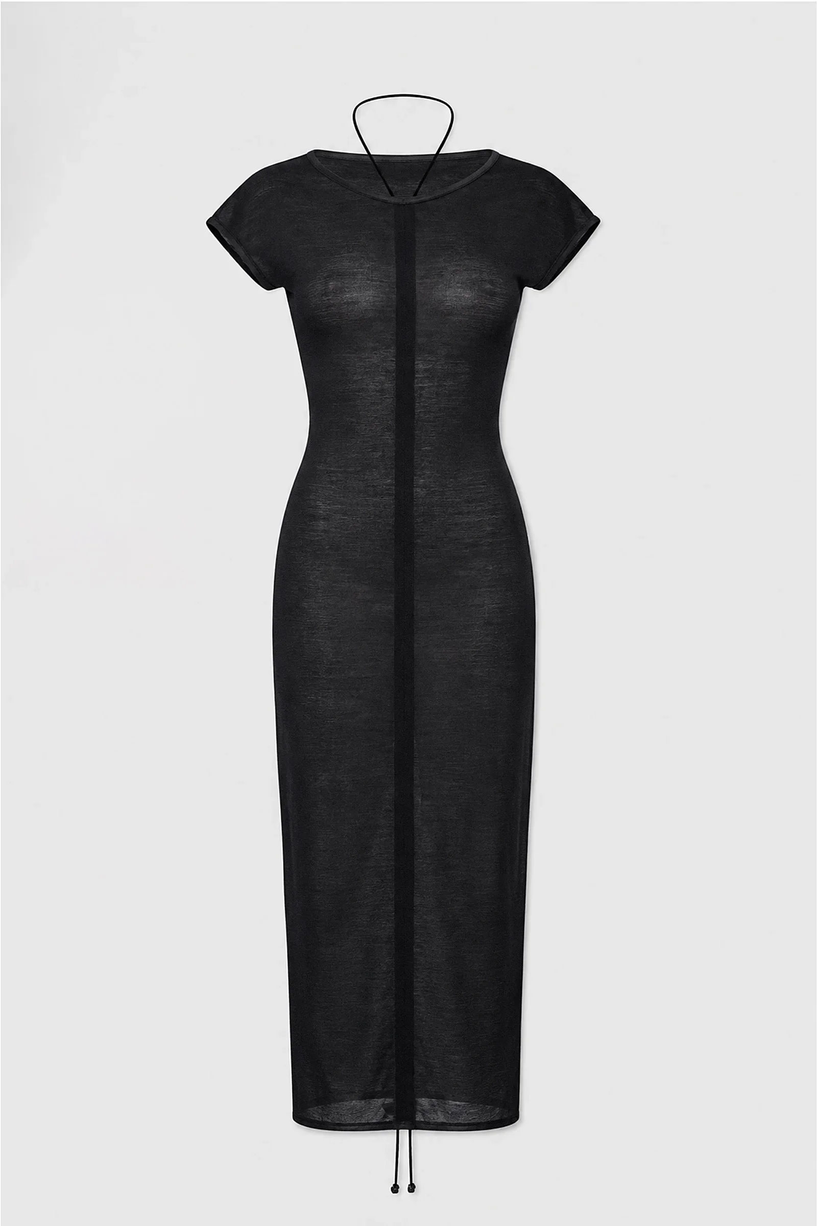 Front: Front view of the ‘Medusa’ black ruched jersey dress with a rounded neckline, adjustable gathering and leather drawstring.