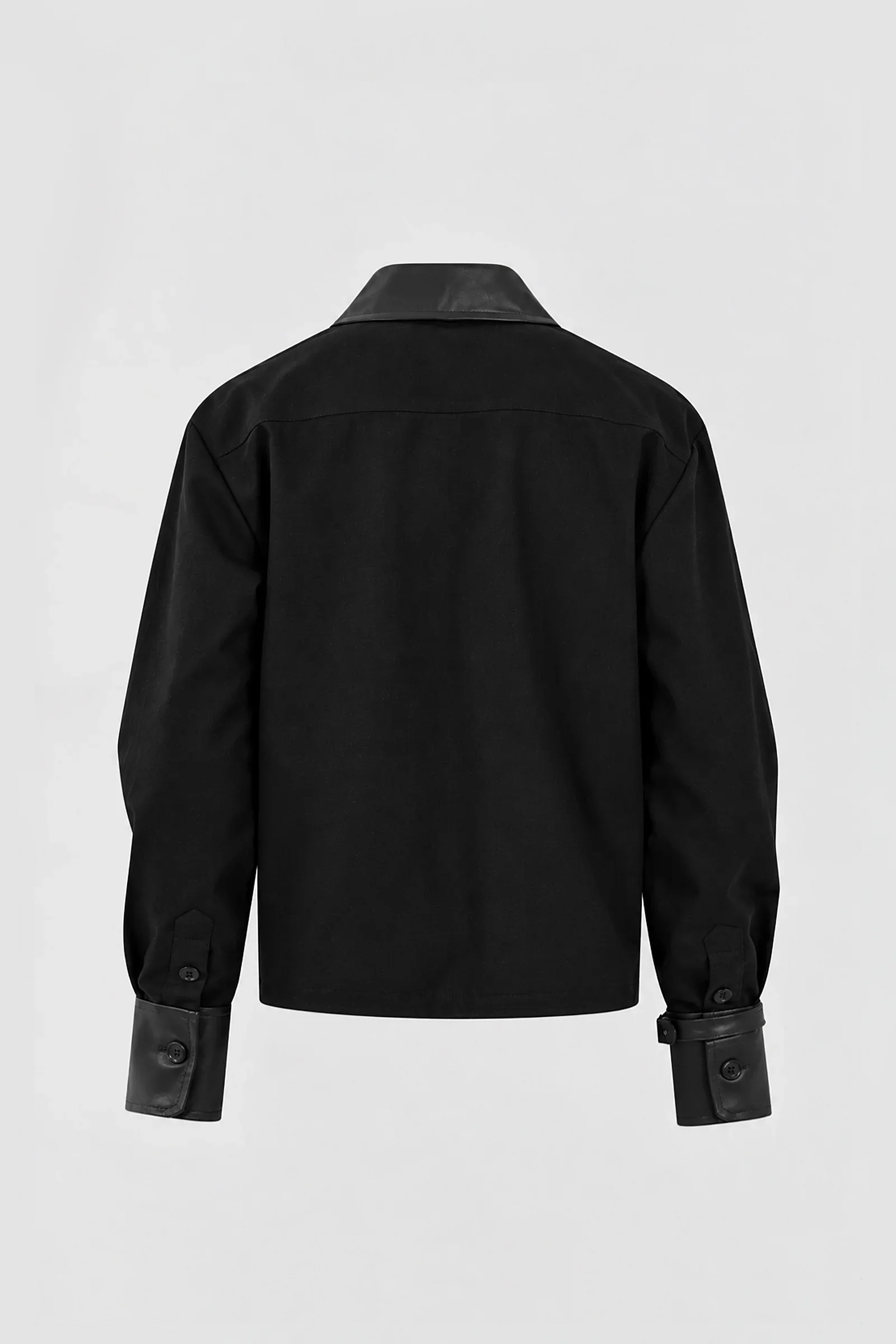 Back: Back view of ARAKHNE's black wool-blend overshirt featuring a contrasting Italian nappa leather collar, straight silhouette and leather cuffs.