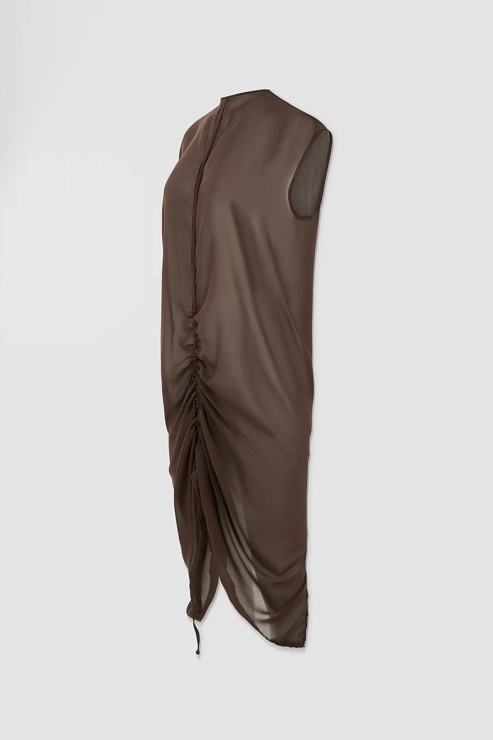 Side: Side view of the ‘Medusa’ chiffon caftan dress showing its relaxed silhouette, gathered detailing and draped split hem.