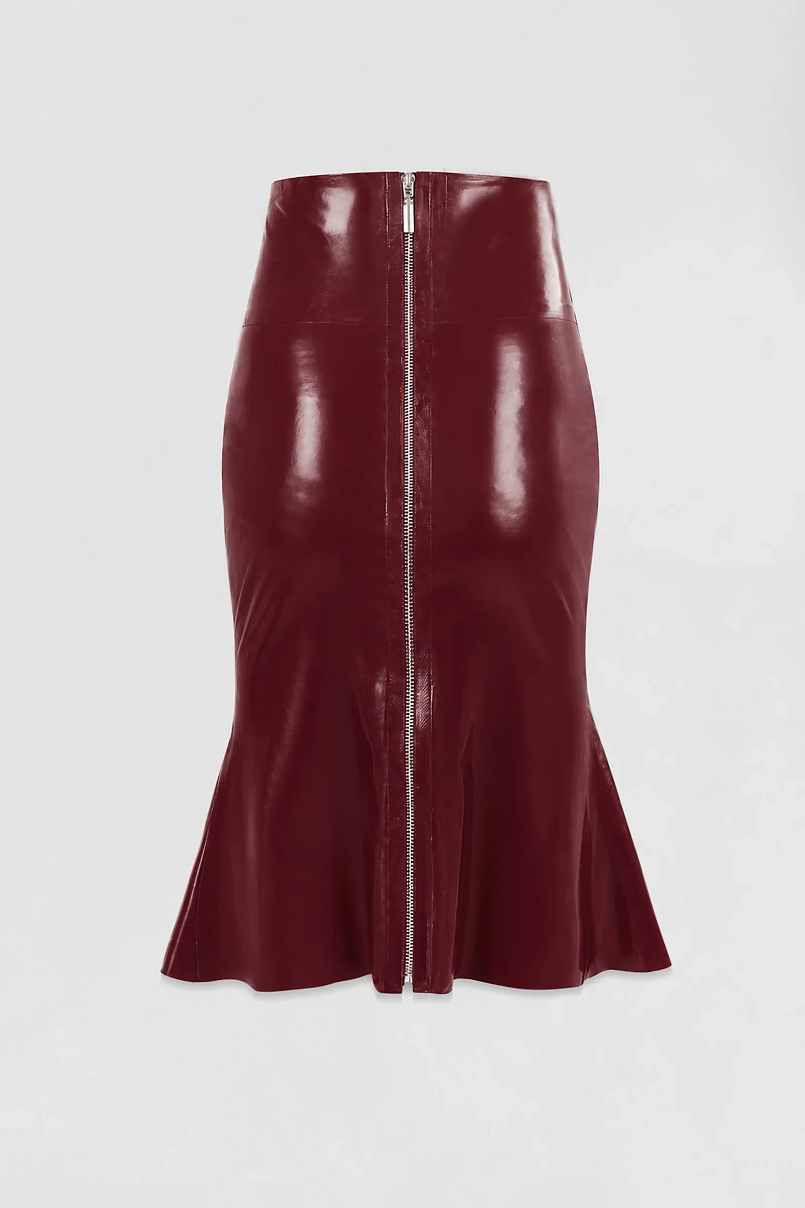 Back: Back view of ARAKHNE's latex fishtail skirt featuring a full-length exposed metal zip and flared hem.