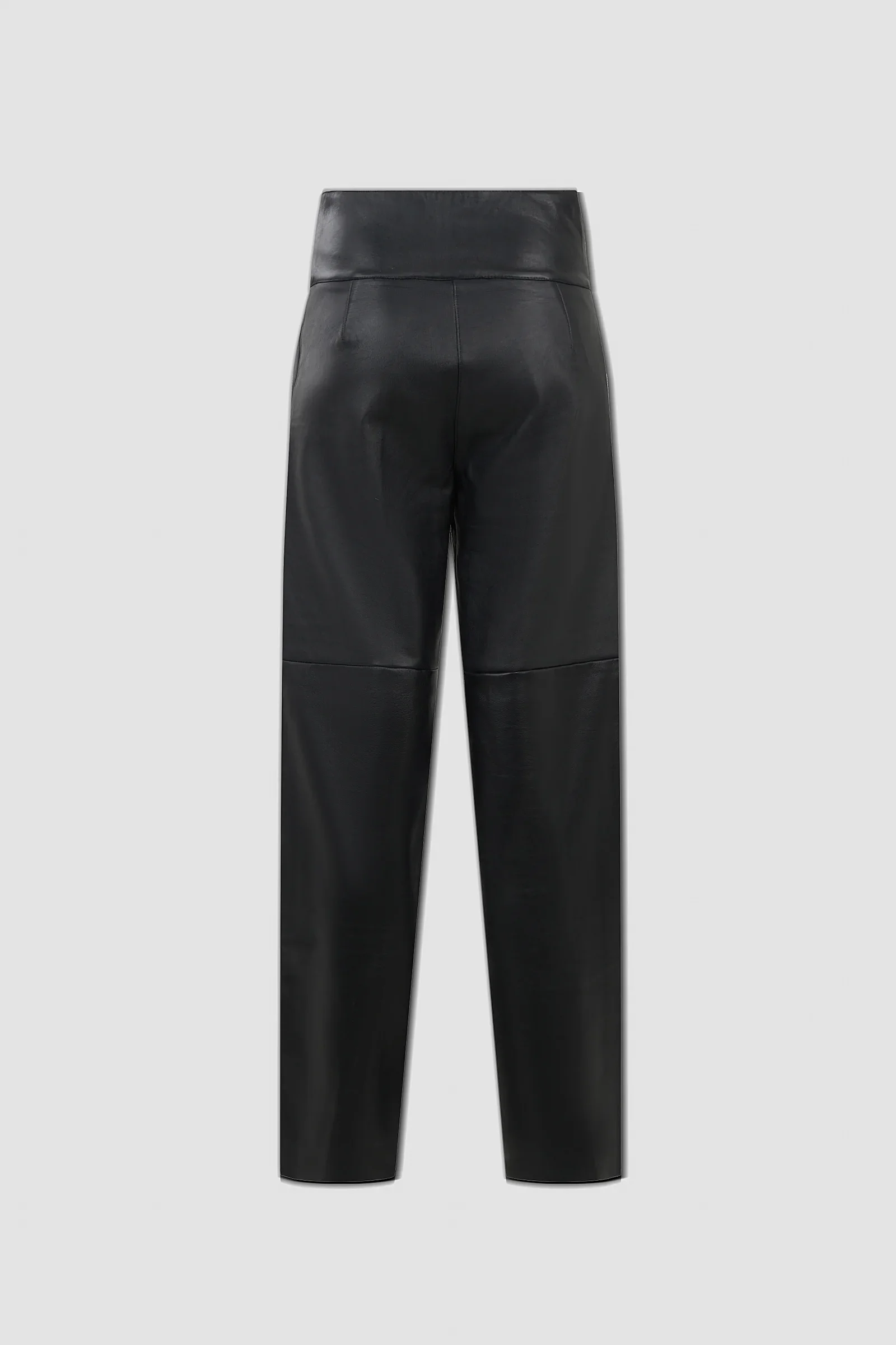 Back: Back view of ARAKHNE's ‘Euryale’ black leather midi skirt featuring full-length corset-style lacing, metal eyelets and an asymmetric flared hem.