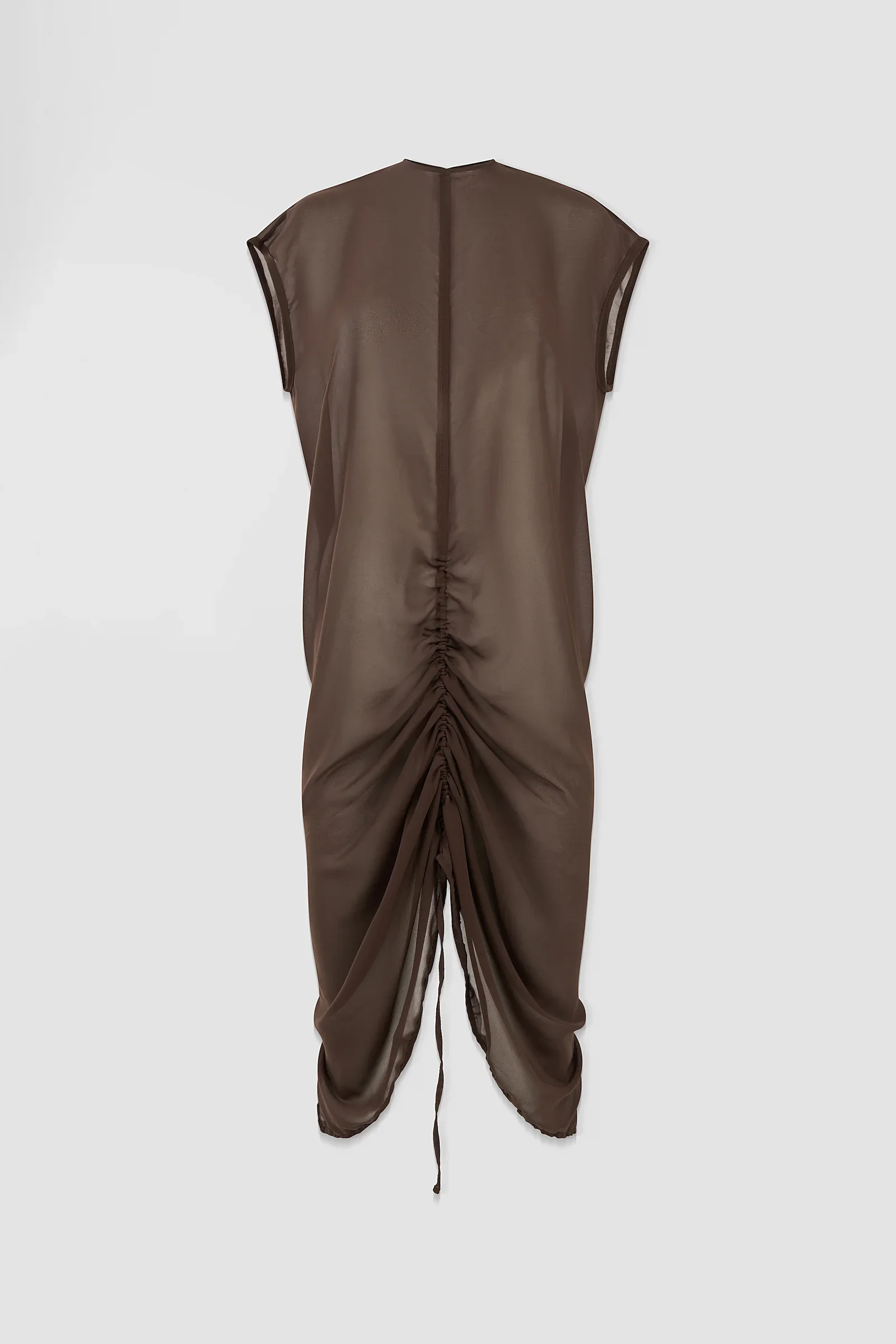 Front: Front view of the ARAKHNE ‘Medusa’ sheer brown chiffon caftan dress featuring a high neckline, extended shoulders and central ruching.