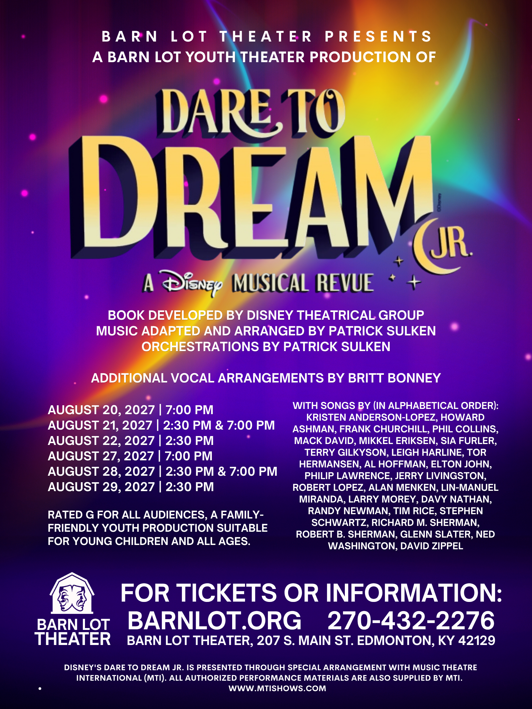 Promotional poster for Barn Lot Youth Theater's production of Disney's "Dare to Dream JR.," described as a Disney musical revue. The poster features a magical, glowing purple and dark blue background filled with sparkles and light beams. The title "D