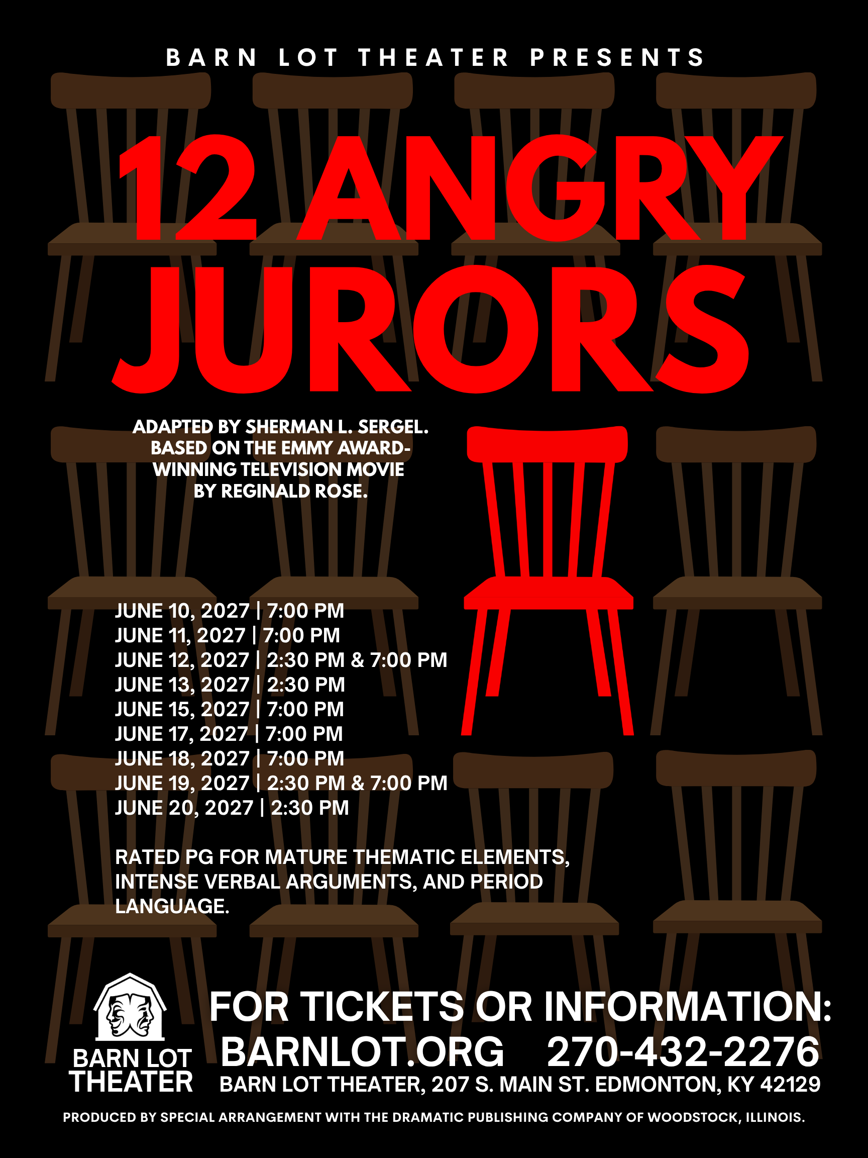 Poster for Barn Lot Theater's production of "12 Angry Jurors." Set against a black background, the graphic features a grid of wooden chairs, with eleven shown in brown and one highlighted in bright red in the center. Overlaid across the top chairs is